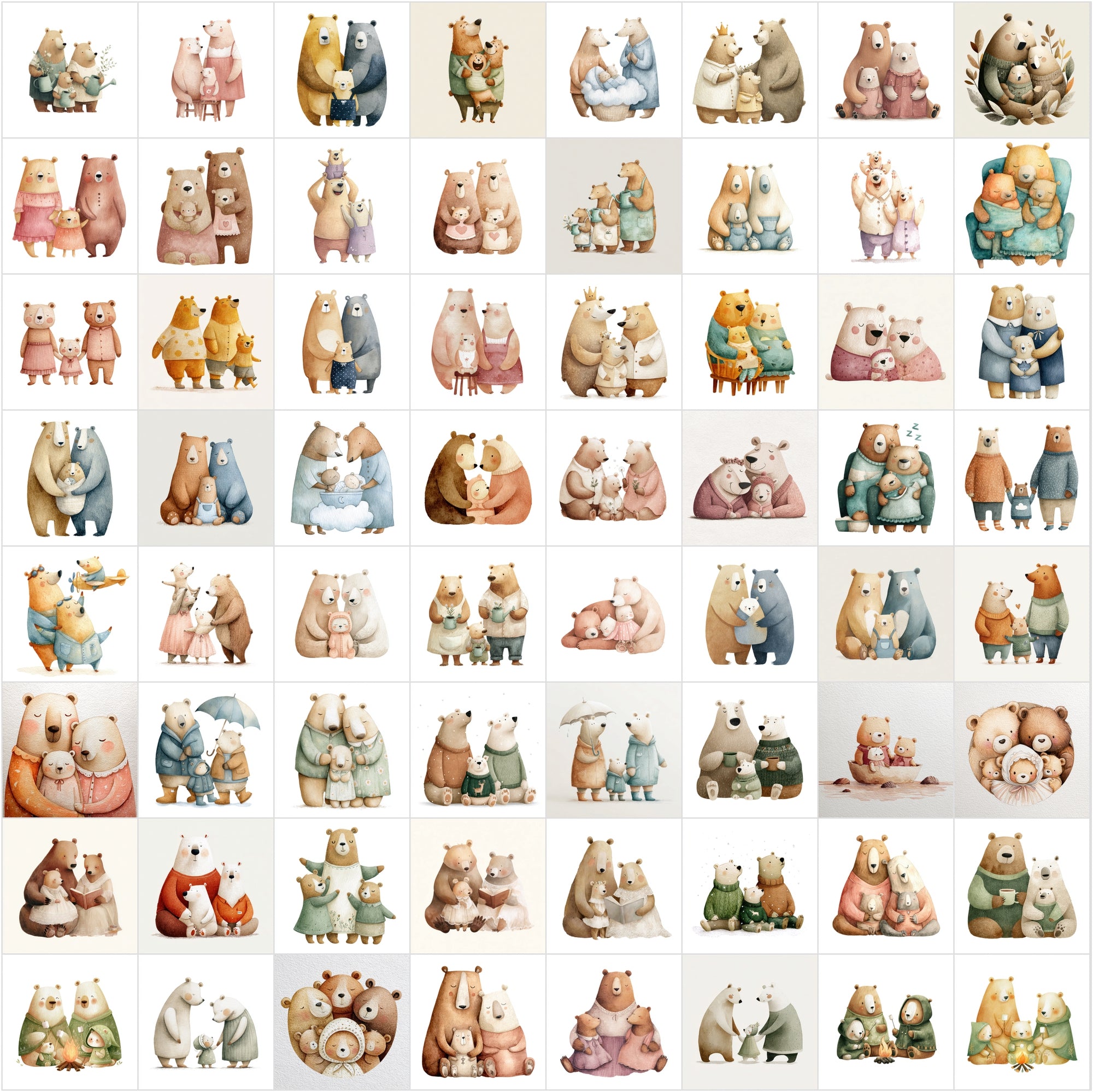 635 Scandinavian Bear Family Watercolor Illustrations | Nursery Wall Art Clipart | Whimsical Storybook Bears