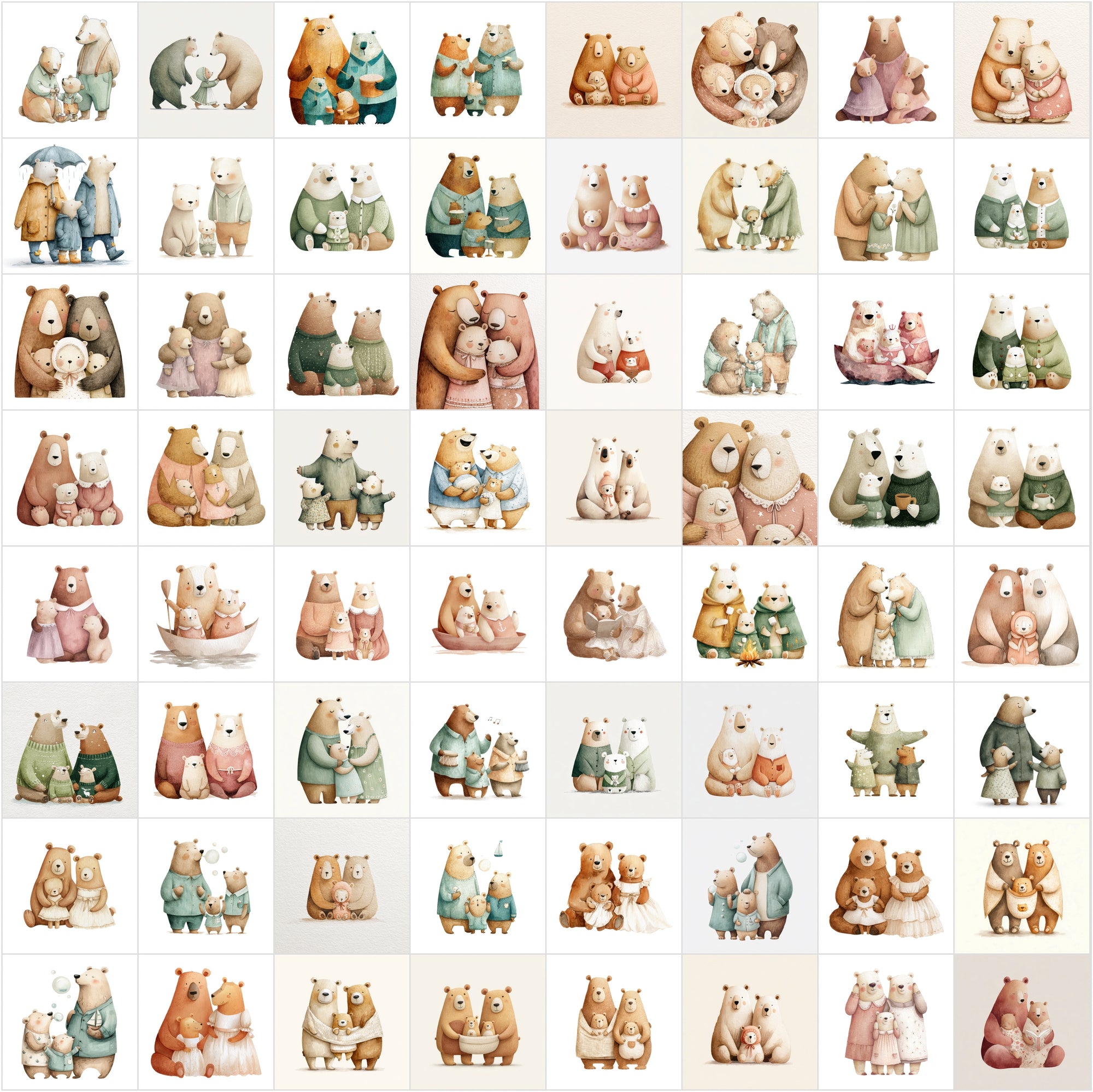 635 Scandinavian Bear Family Watercolor Illustrations | Nursery Wall Art Clipart | Whimsical Storybook Bears