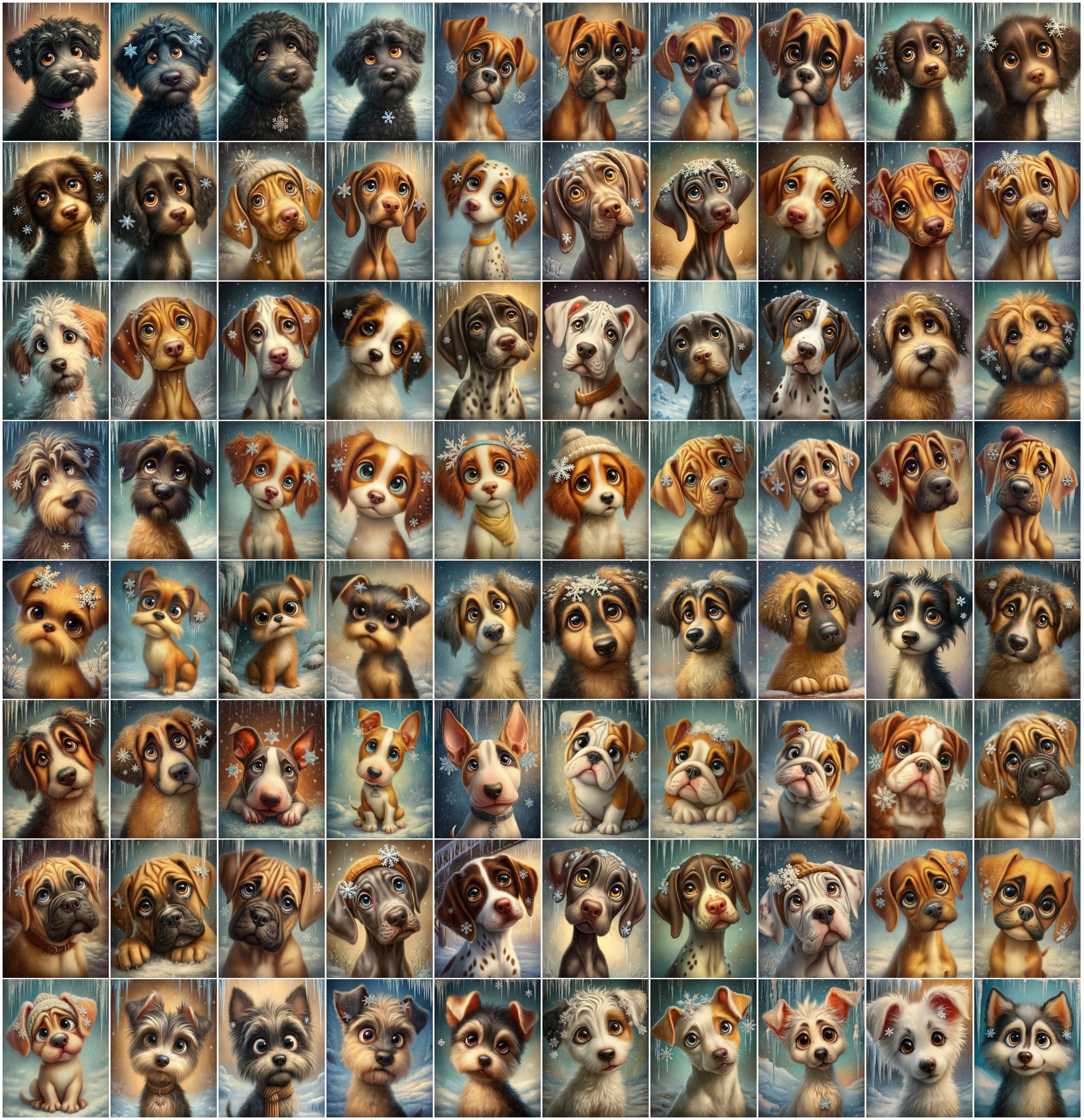 1080 Cute Dog Breed Illustrations – High-Resolution Winter Puppy Art with Commercial License
