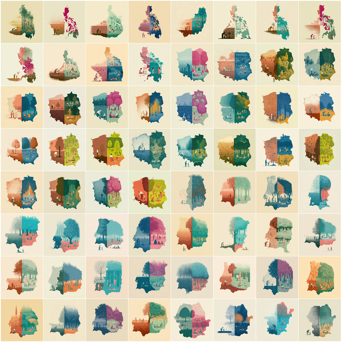 1270 Country Map Silhouette Posters - World Map Wall Art Bundle, Heritage & Harvest Split Designs