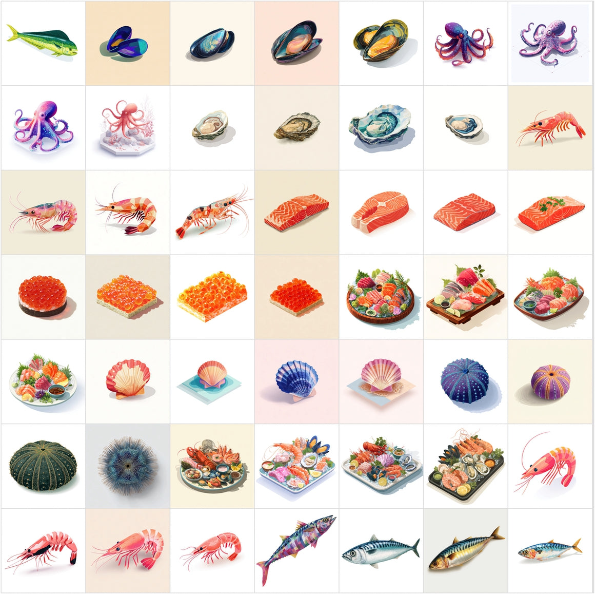 400 Flat Isometric Seafood & Sushi Illustrations