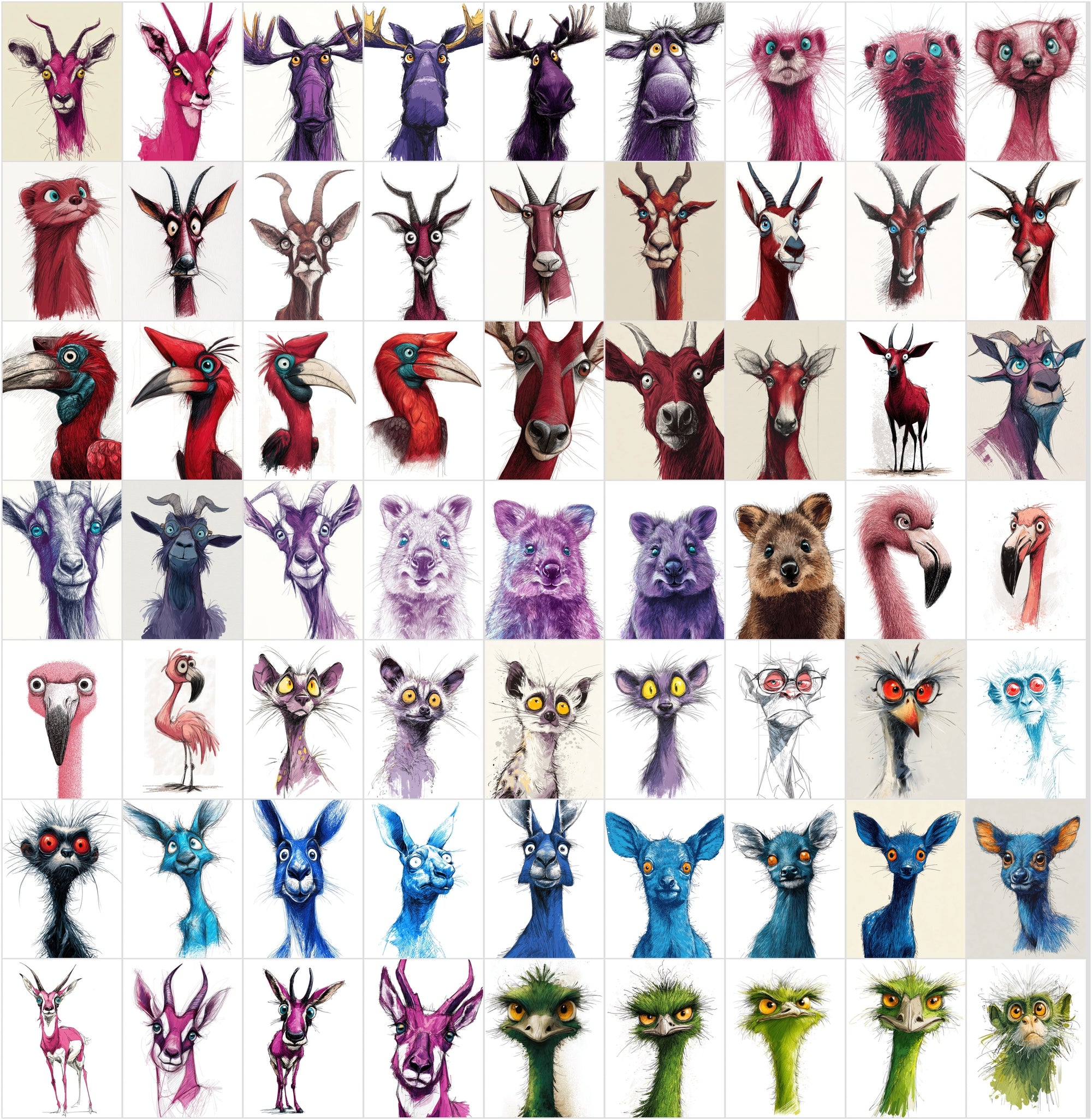 600 Quirky Animal Portrait Clipart Bundle | Expressive Cartoon Characters