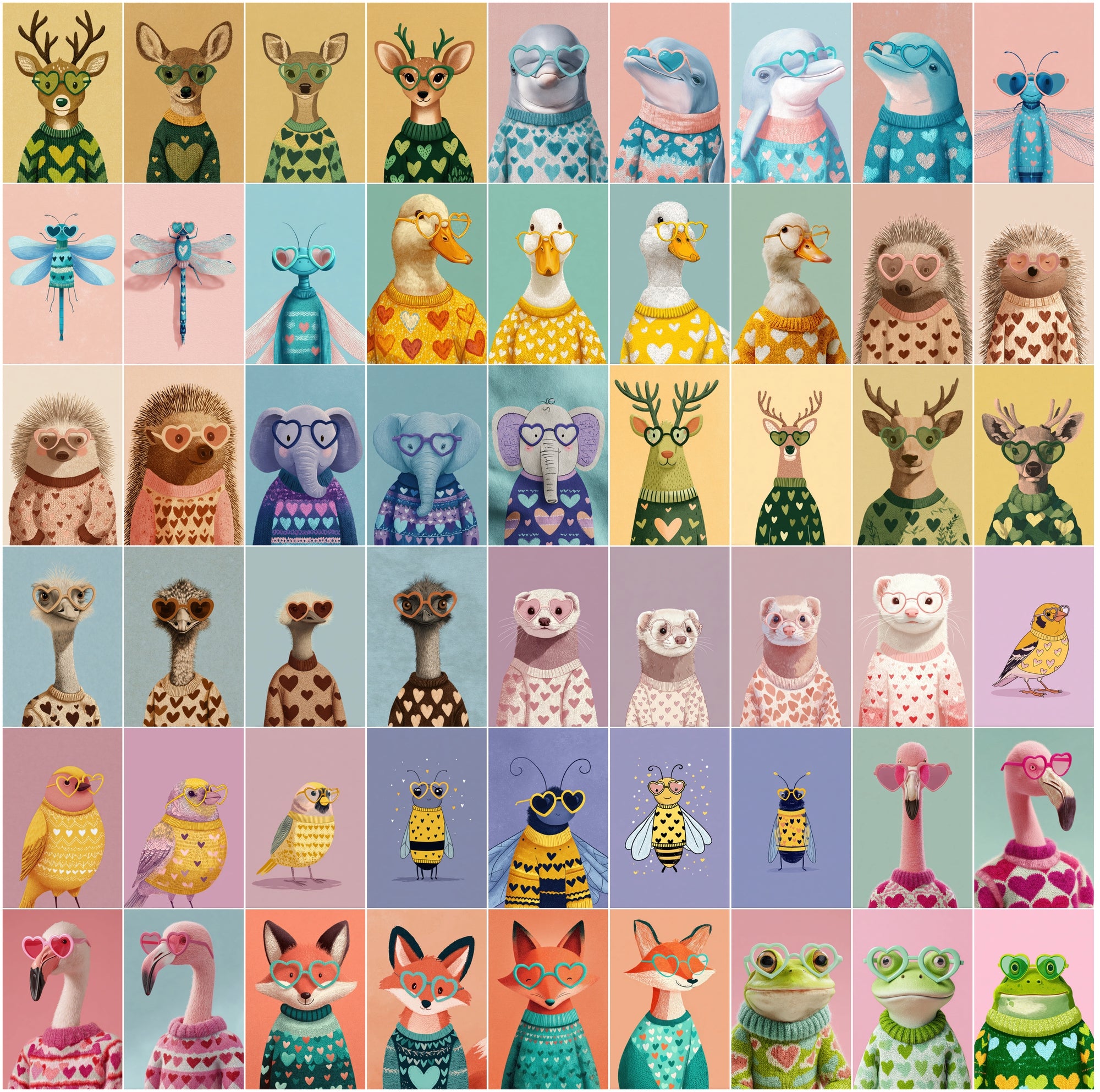 620 Cute Animals Clipart Bundle JPG | Heart Sweater Animals + Heart Glasses