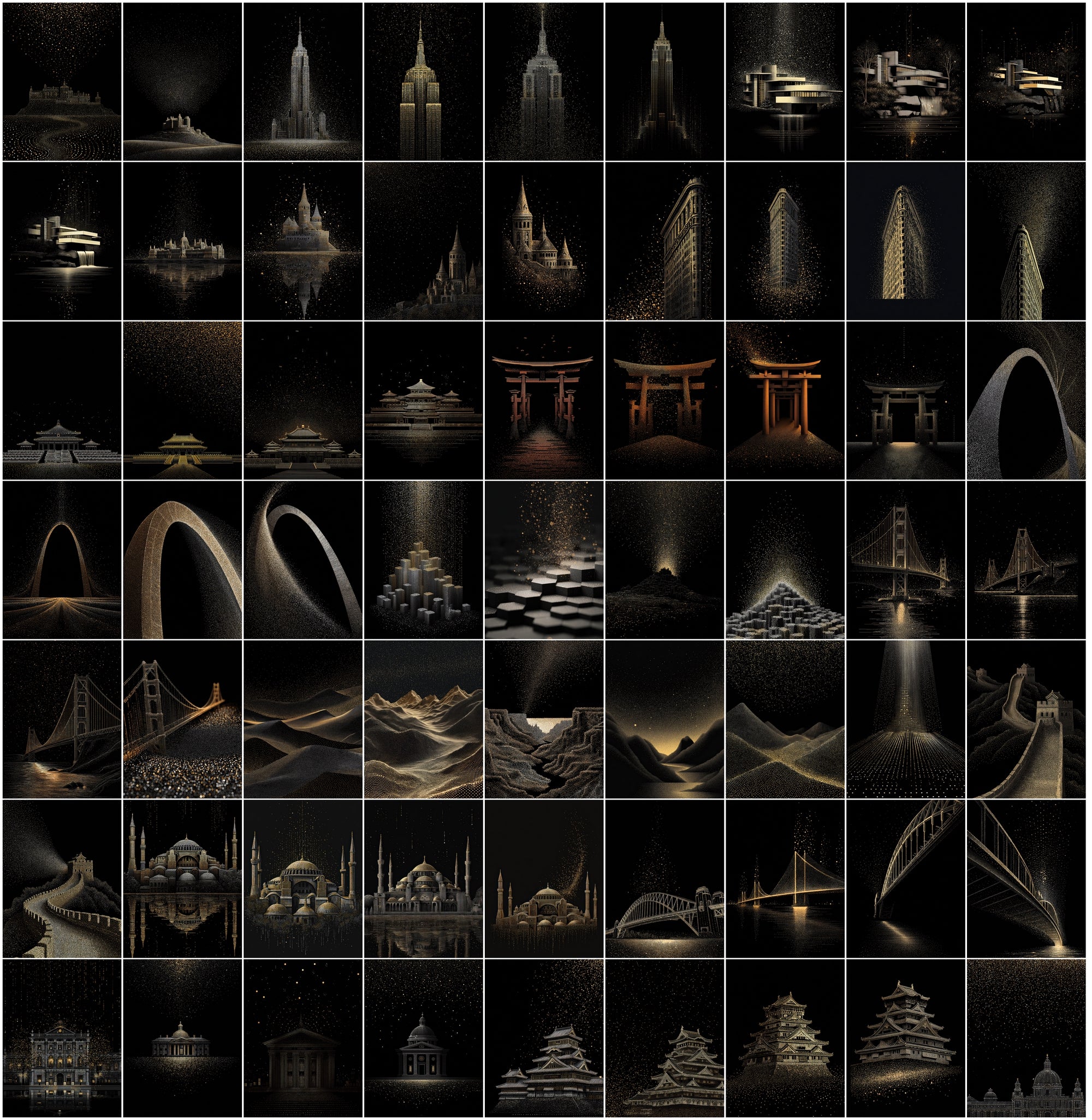 630 Minimalist Landmark Dots Bundle | Gold & Silver Glitter on Black