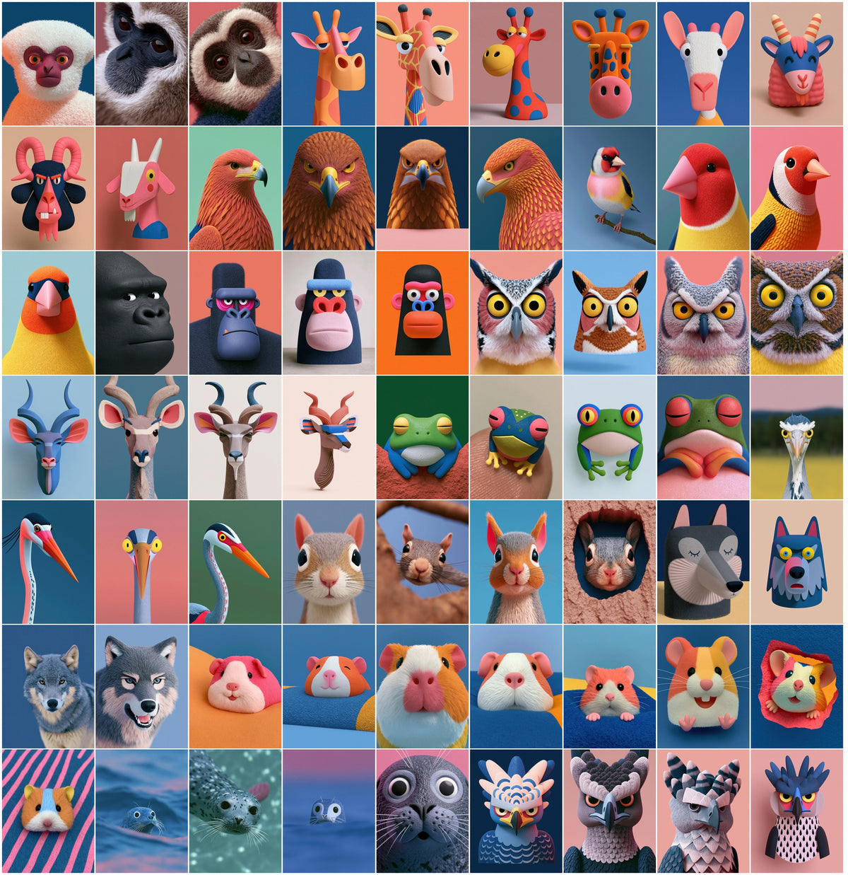 630 3D Animal Portrait Bundle | Stylized Clay & Paper-Craft Animal Head Art, Bold Color Backgrounds, Commercial Use