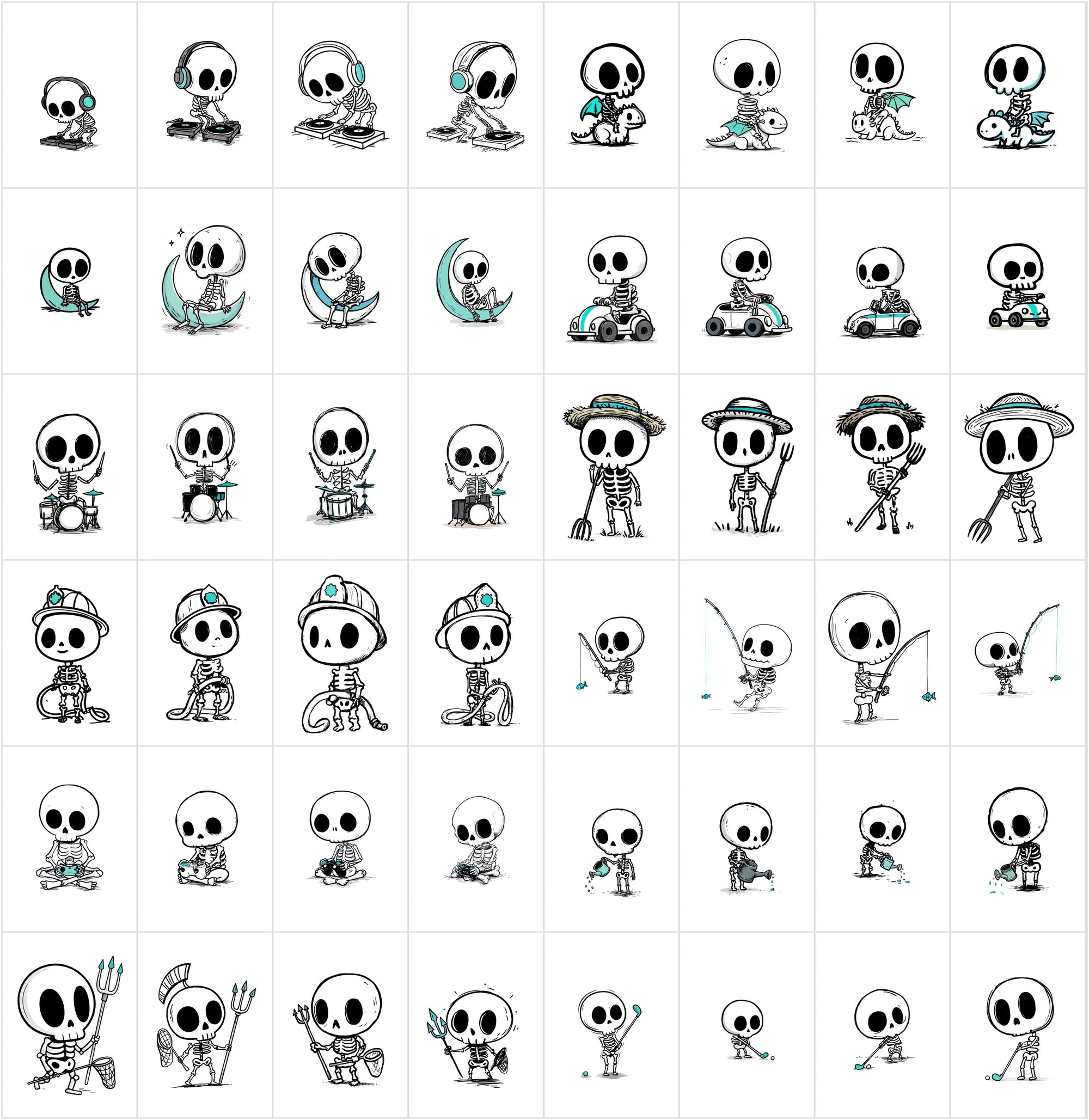600 Cute Skeleton Doodle Clipart Bundle | Hand Drawn Stickman Skull Illustrations