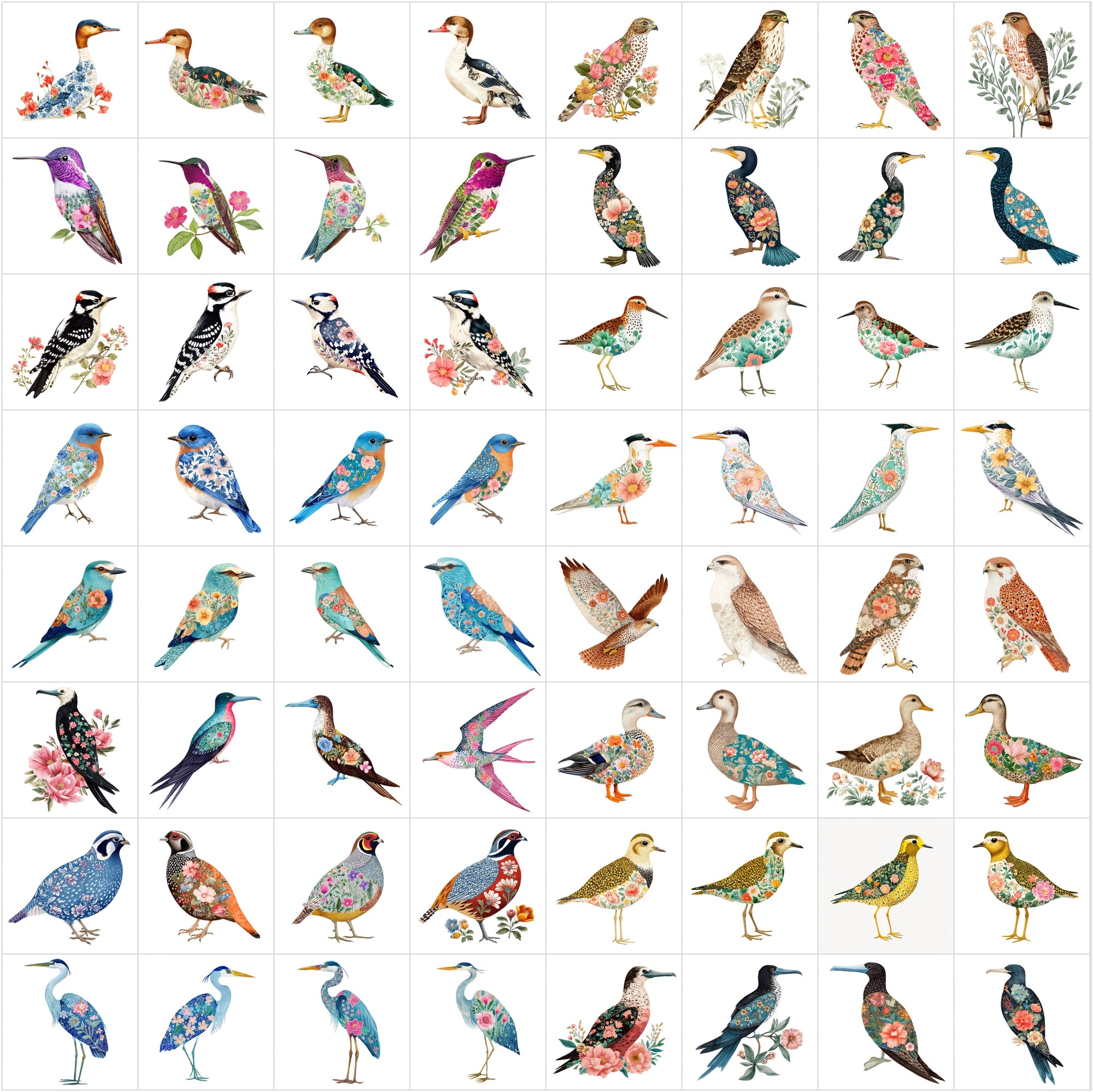 640 Watercolor Birds with Floral Patterns