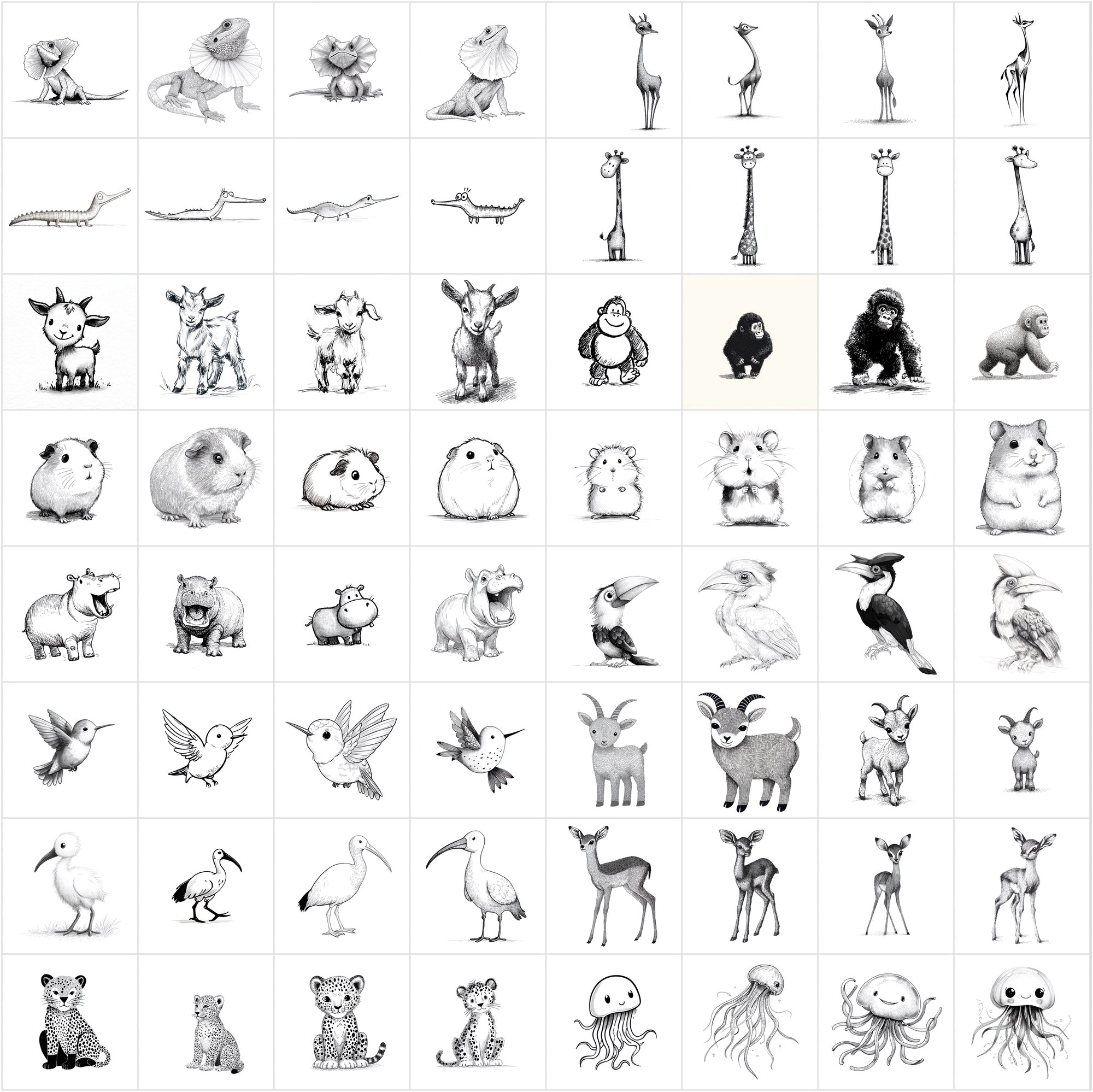 625 Children's Book Animal Illustrations — Black & White Line Art Bundle