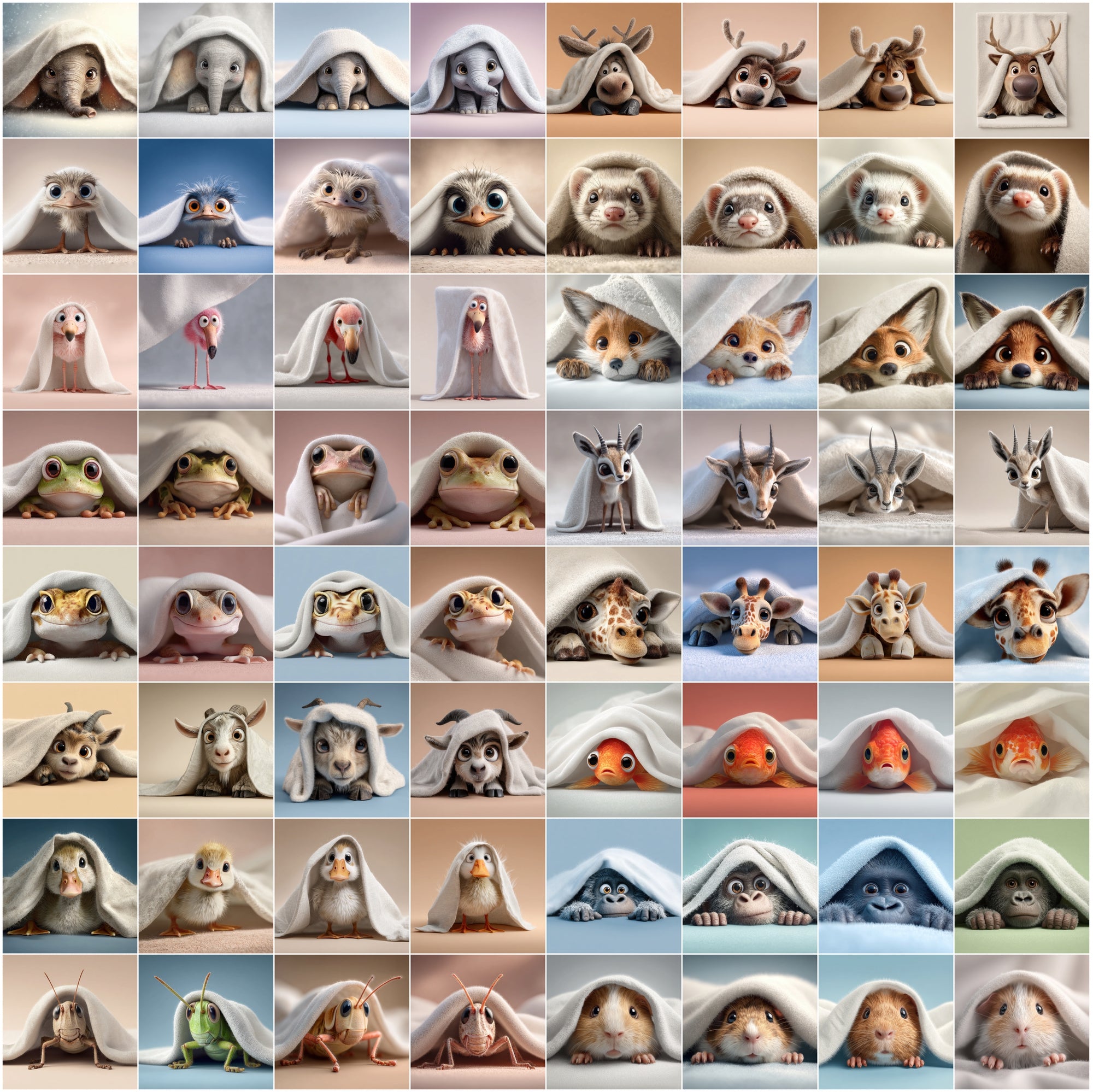 639 Cute Animals Hiding Under Blankets | Adorable 3D Pet Clipart Bundle