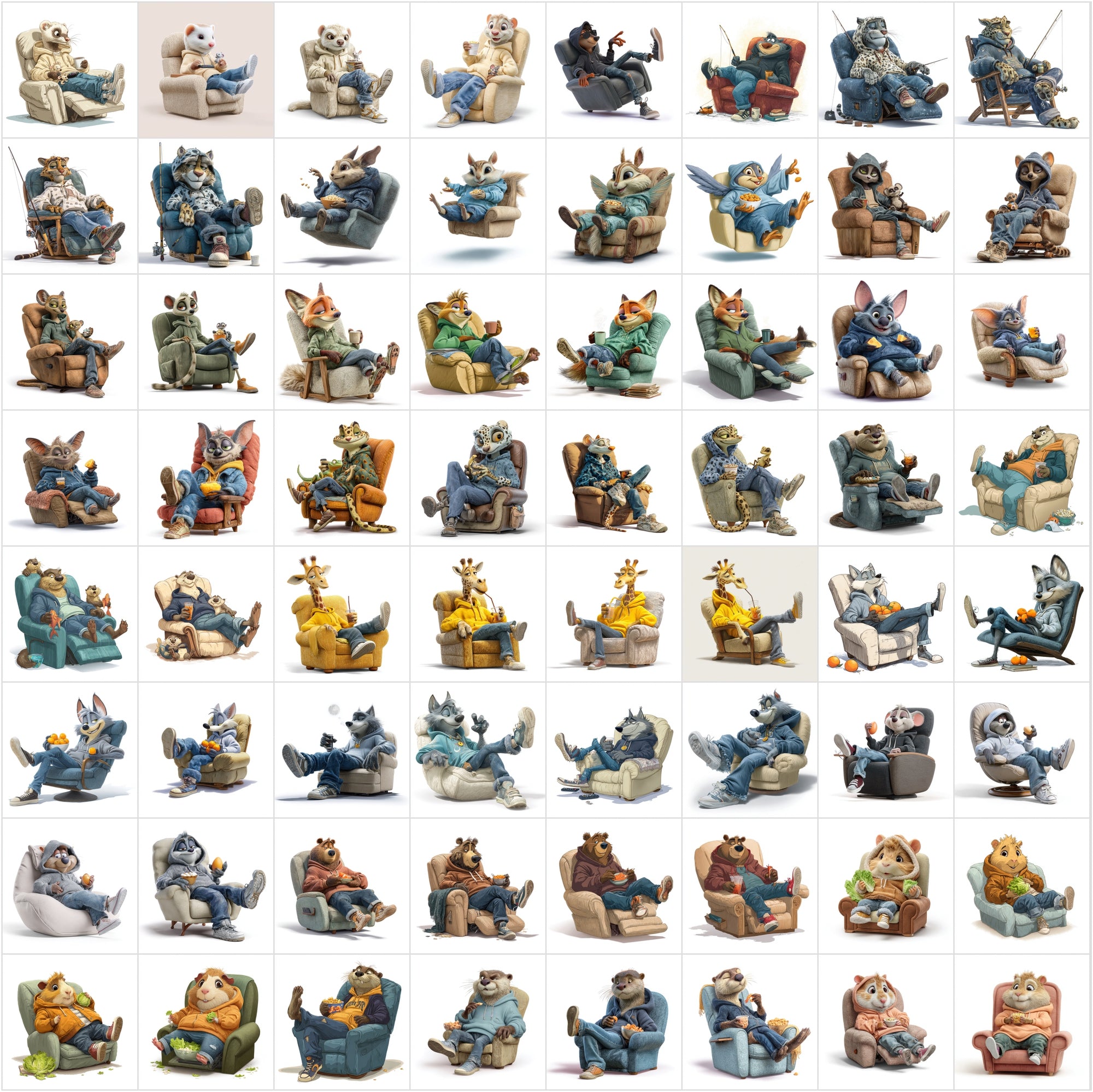 610 Cute Animals Relaxing on Recliners Clipart Bundle