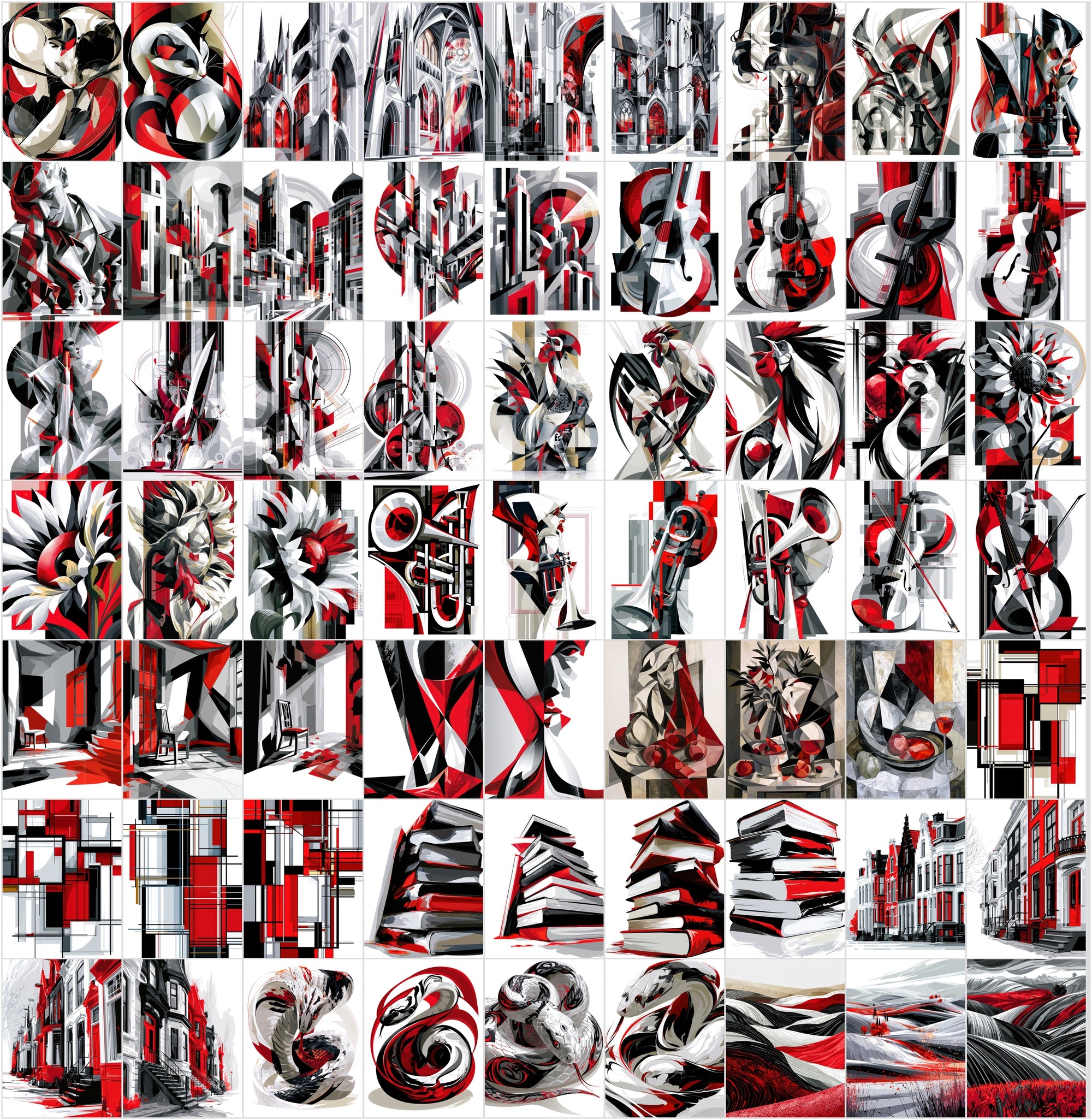 625 Abstract Art Prints Bundle | Red Black White Geometric Posters | Bauhaus Cubist Wall Art