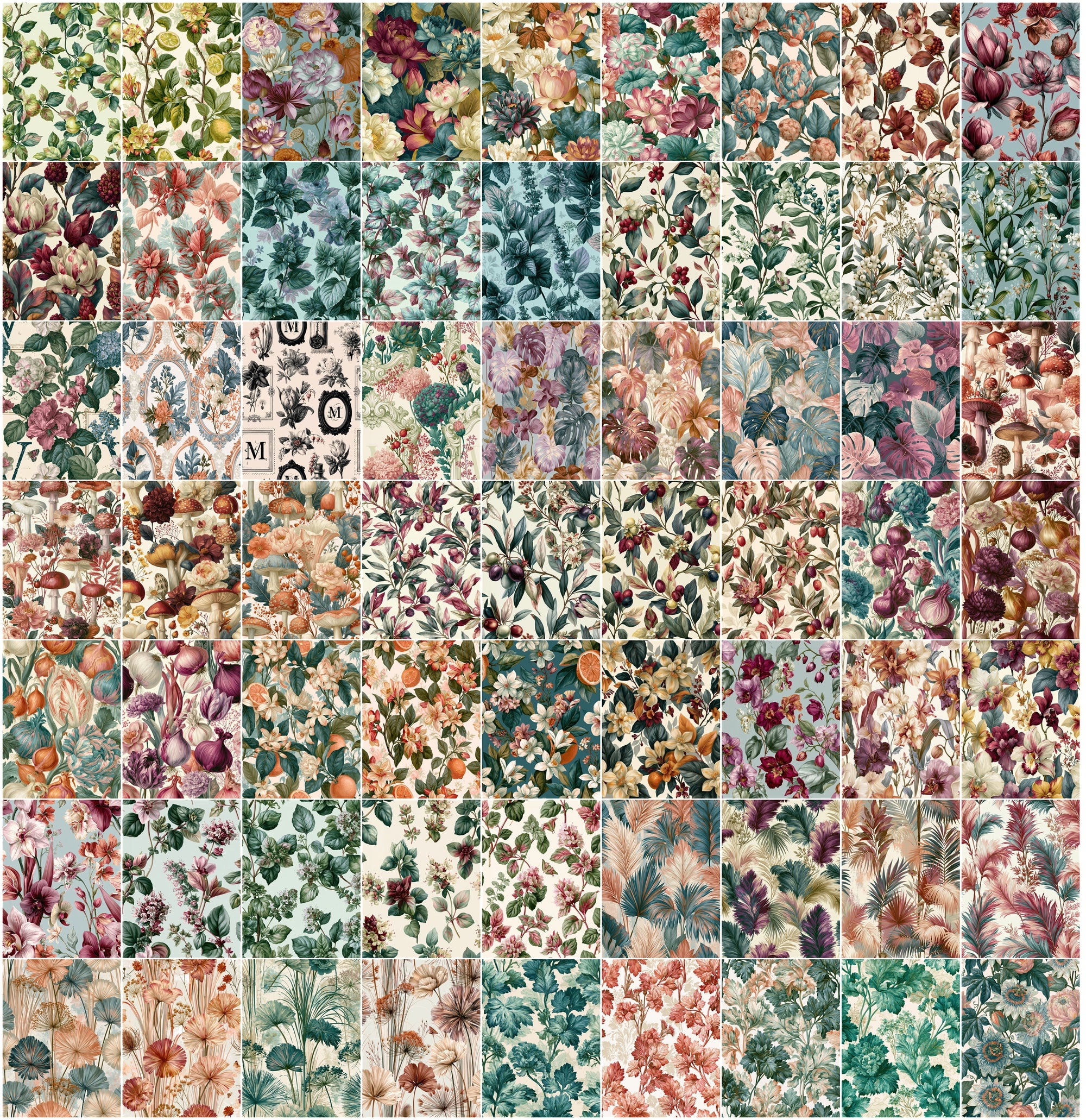 630 Vintage Floral Patterns Bundle | High-Res Botanical Digital Paper Pack