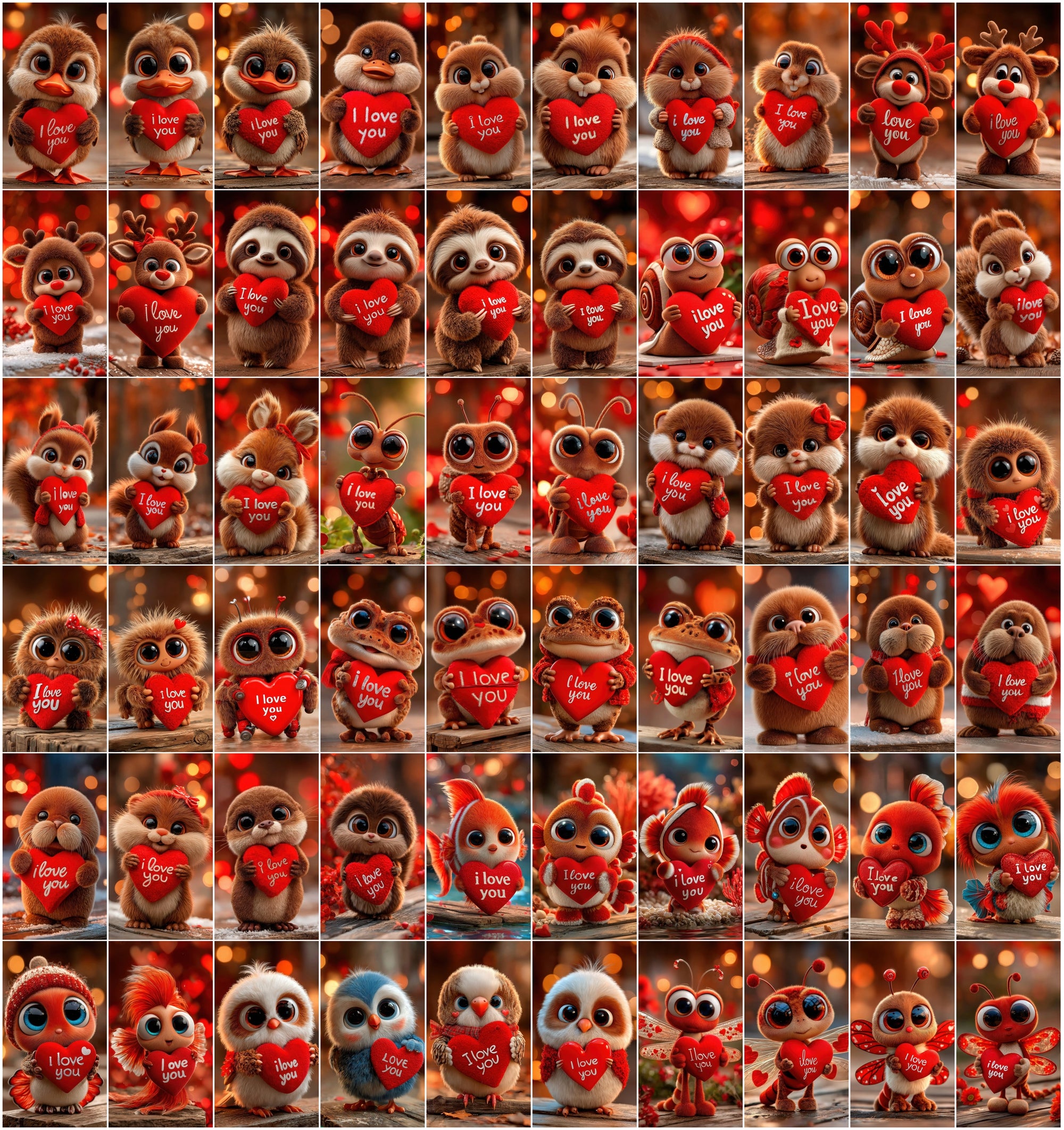 605 3D Cute Animal Love Illustrations Holding “I Love You” Hearts