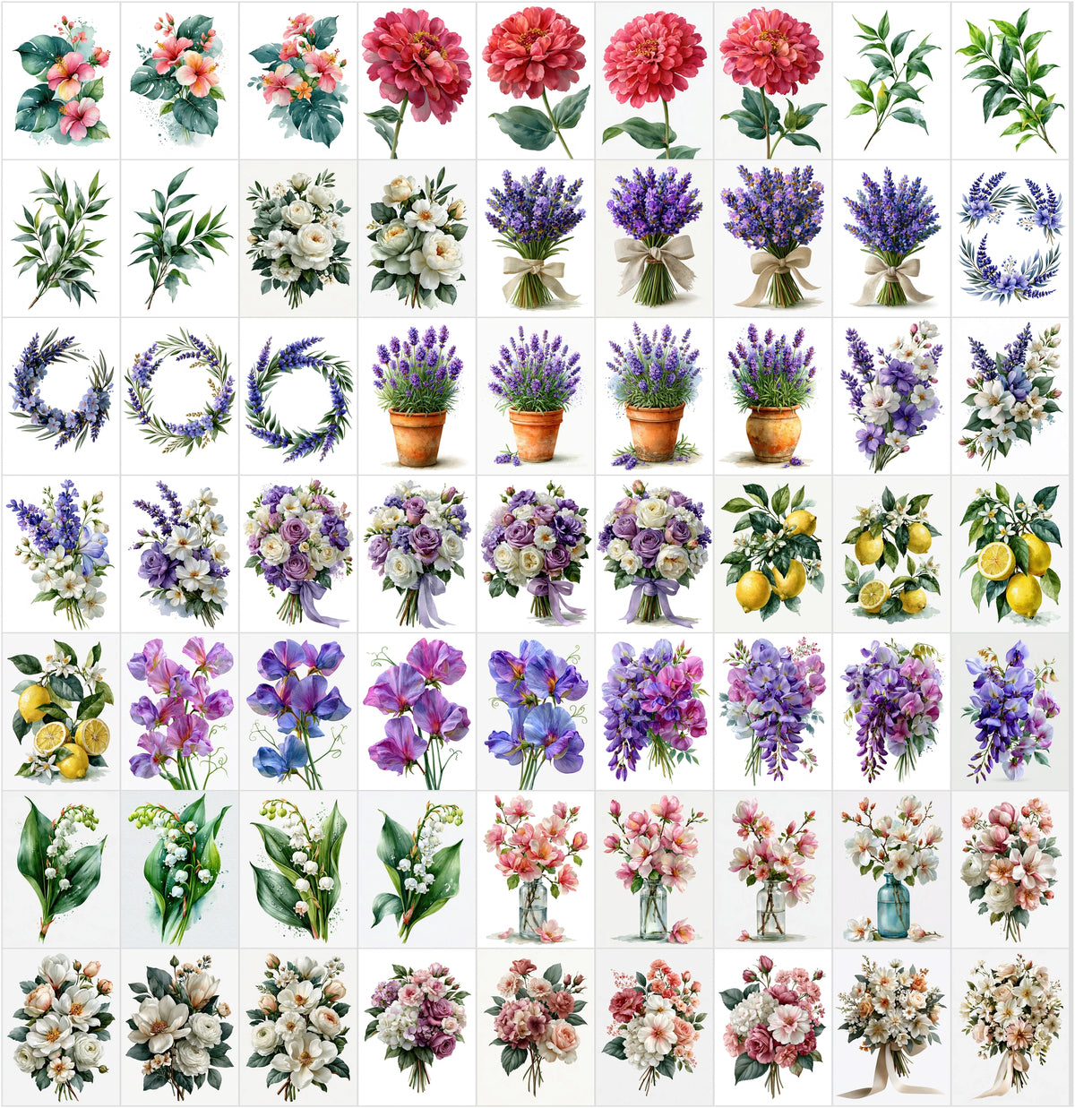 635 Watercolor Flowers Clipart Bundle – Wedding Florals, Bouquets, Wreaths & Greenery PNG-Ready JPG, Commercial Use