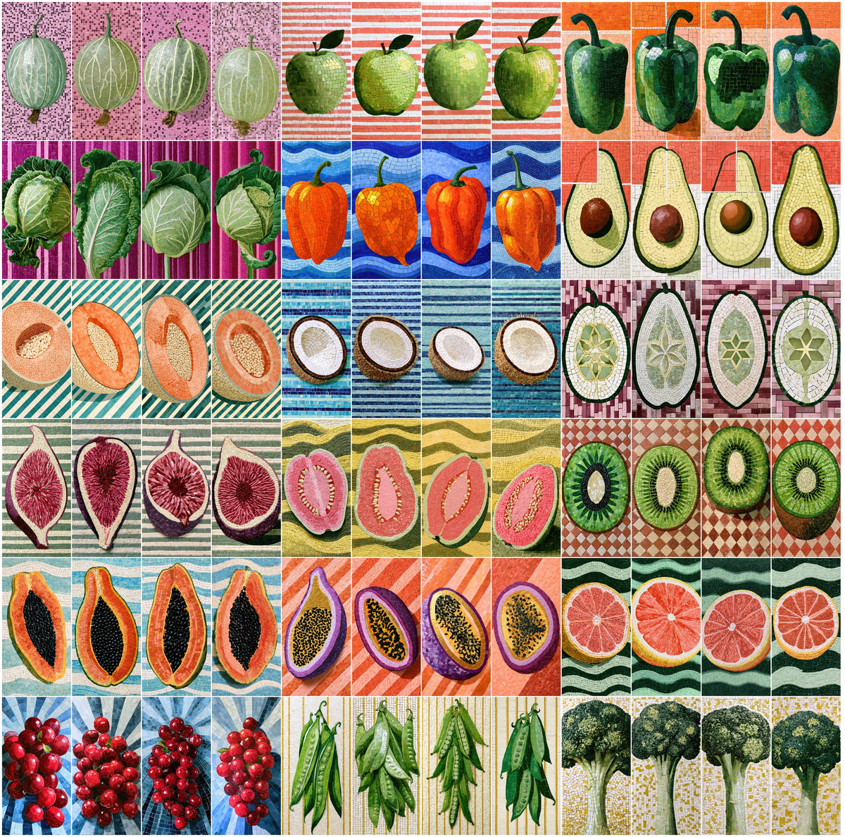 636 Mosaic Fruit & Vegetable Clipart Bundle | Mosaic Art Wall Prints, Kitchen Decor JPG