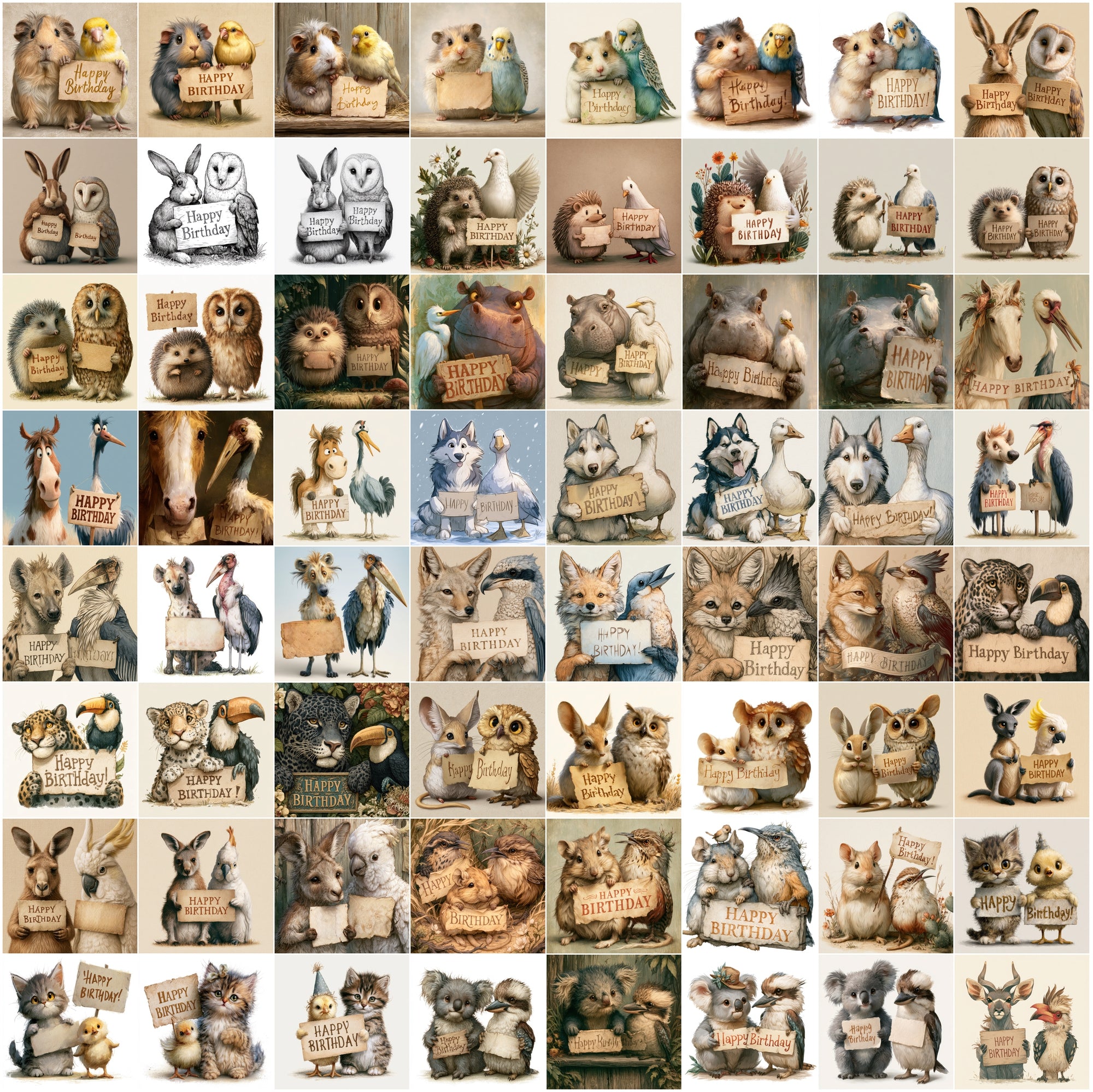 625 Birthday Animals Clipart Bundle | Fairy Tale Animal Birthday Card PNG JPG Set