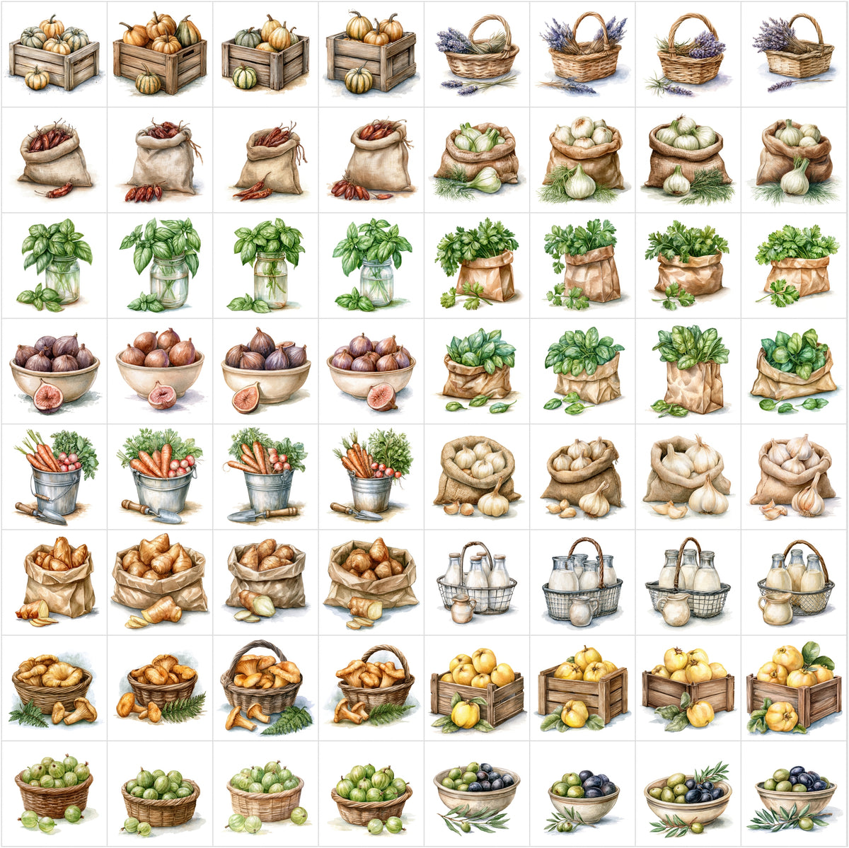 630 Fruit & Vegetable Illustrations – Farmhouse Kitchen Clipart Bundle, Harvest Food Art