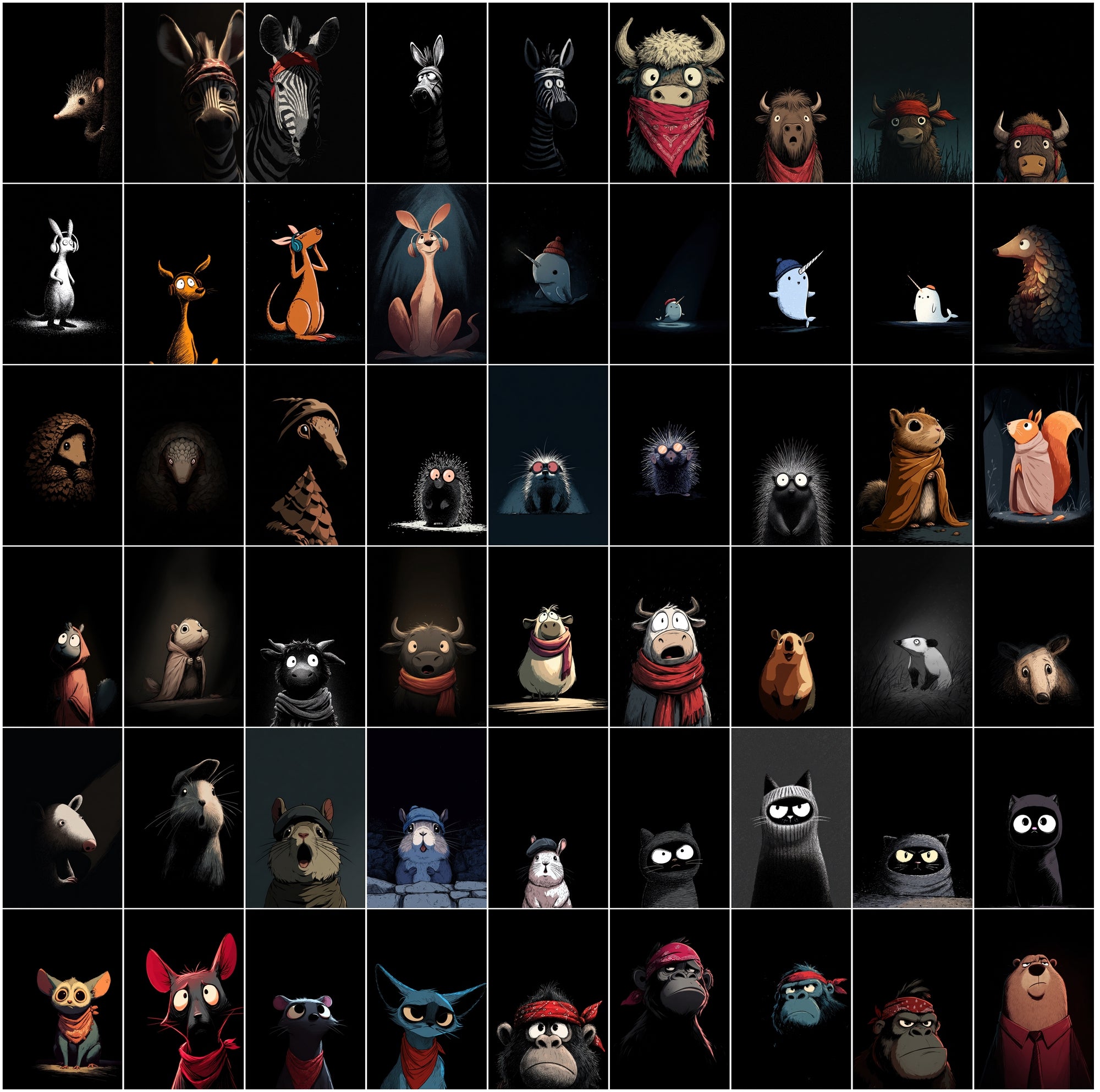 630 Animals Almost Visible in the Darkness | Cute Cartoon Animal Clipart Bundle | Dark Moody Illustrations