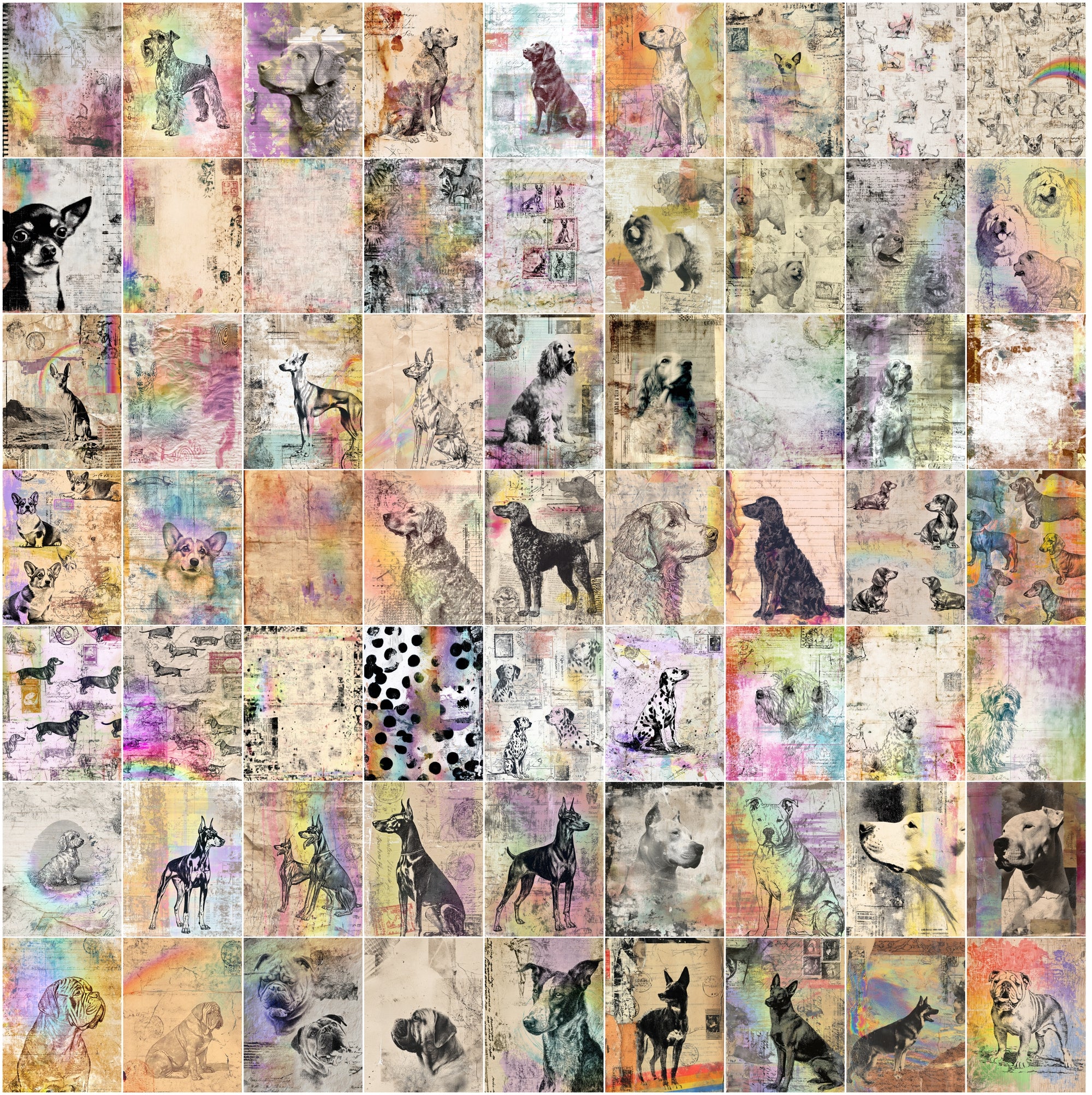 650 Dog Junk Journal Pages, Vintage Breed Ephemera, Messy Collage Scrapbook Paper