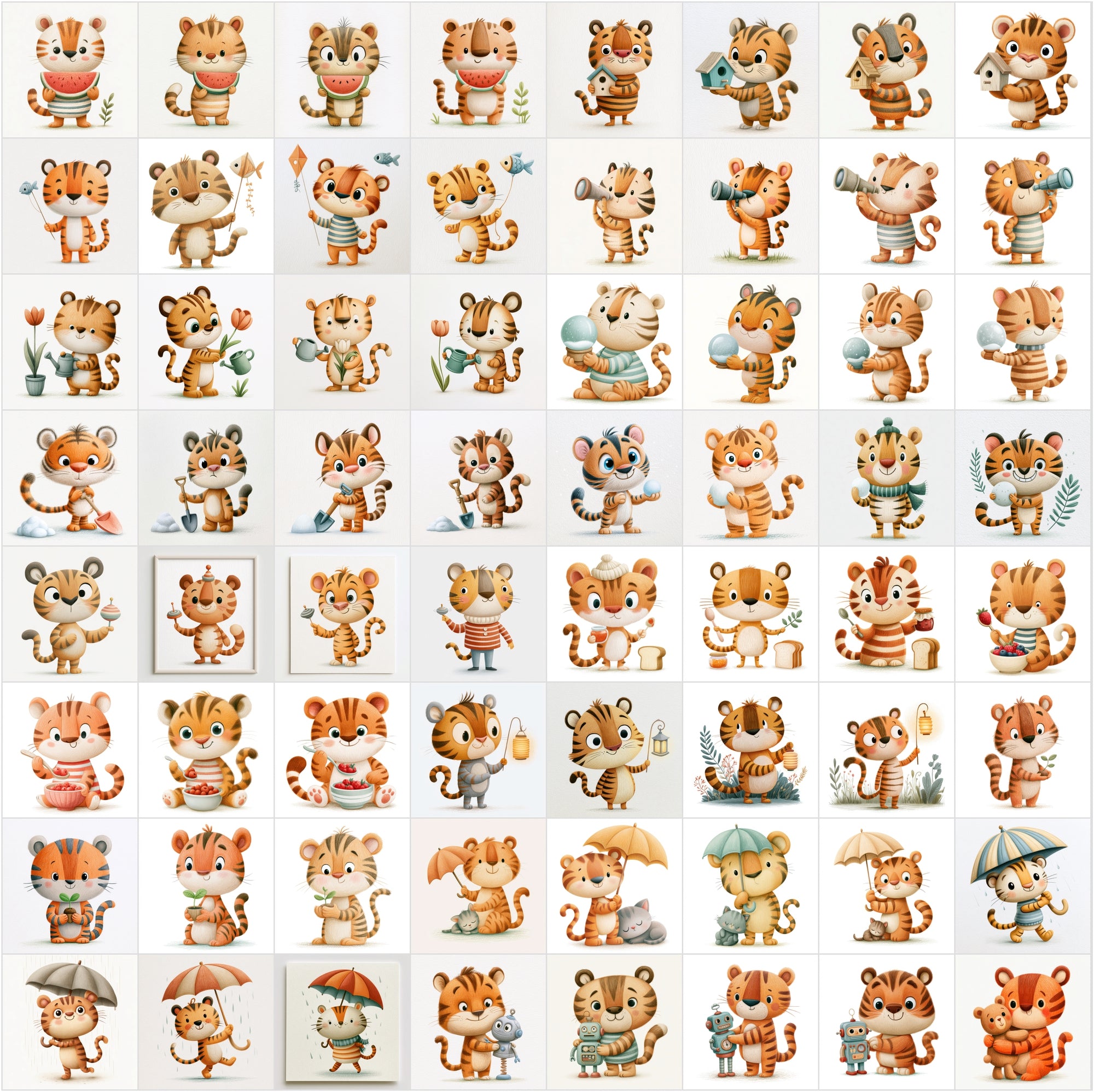 630 Cute Tiger Clipart Bundle | Whimsical Children's Book Illustrations