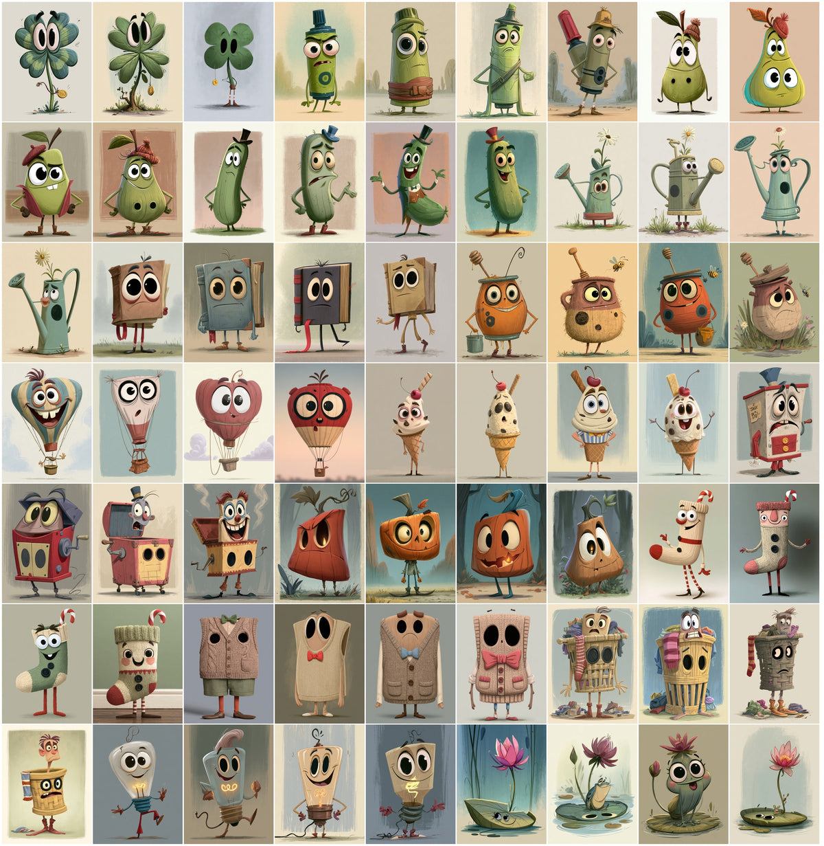 640 Cute Mascot Character Images – Whimsical Object Mascots with Big Eyes, High-Res JPG, Commercial License
