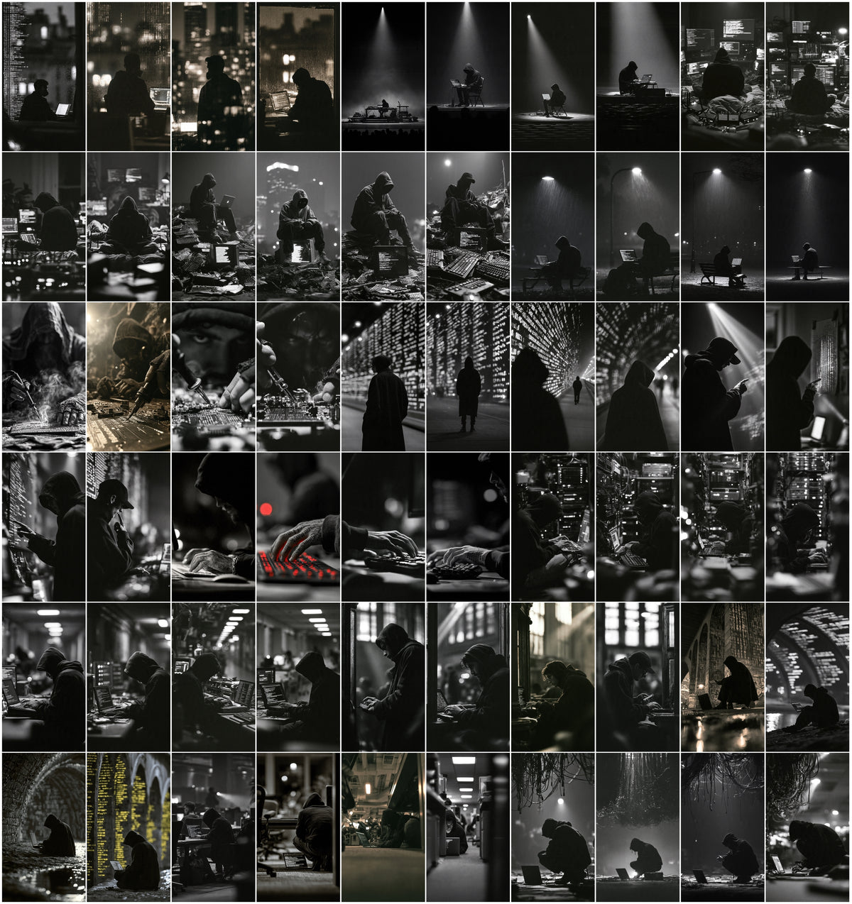 635 Hacker Images Bundle – Black & White Cyberpunk Photography, Binary Code & Hooded Hacker Wallpapers, 9:16 JPG, Commercial License