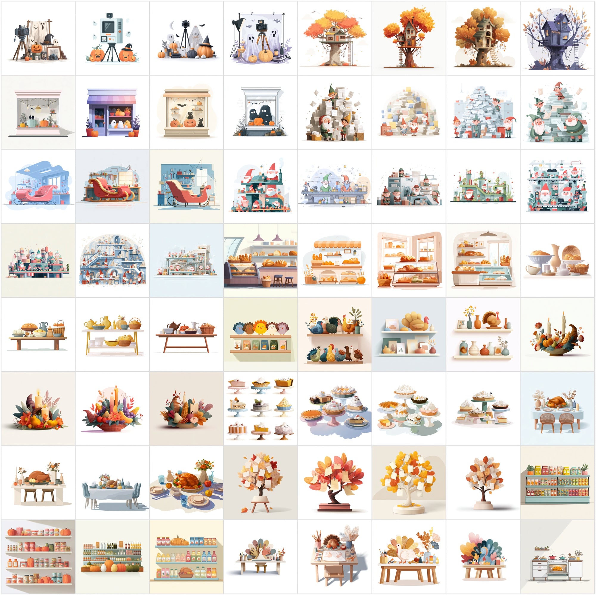 630 Minimalistic Cartoon Illustrations | Holiday & Seasonal Scenes