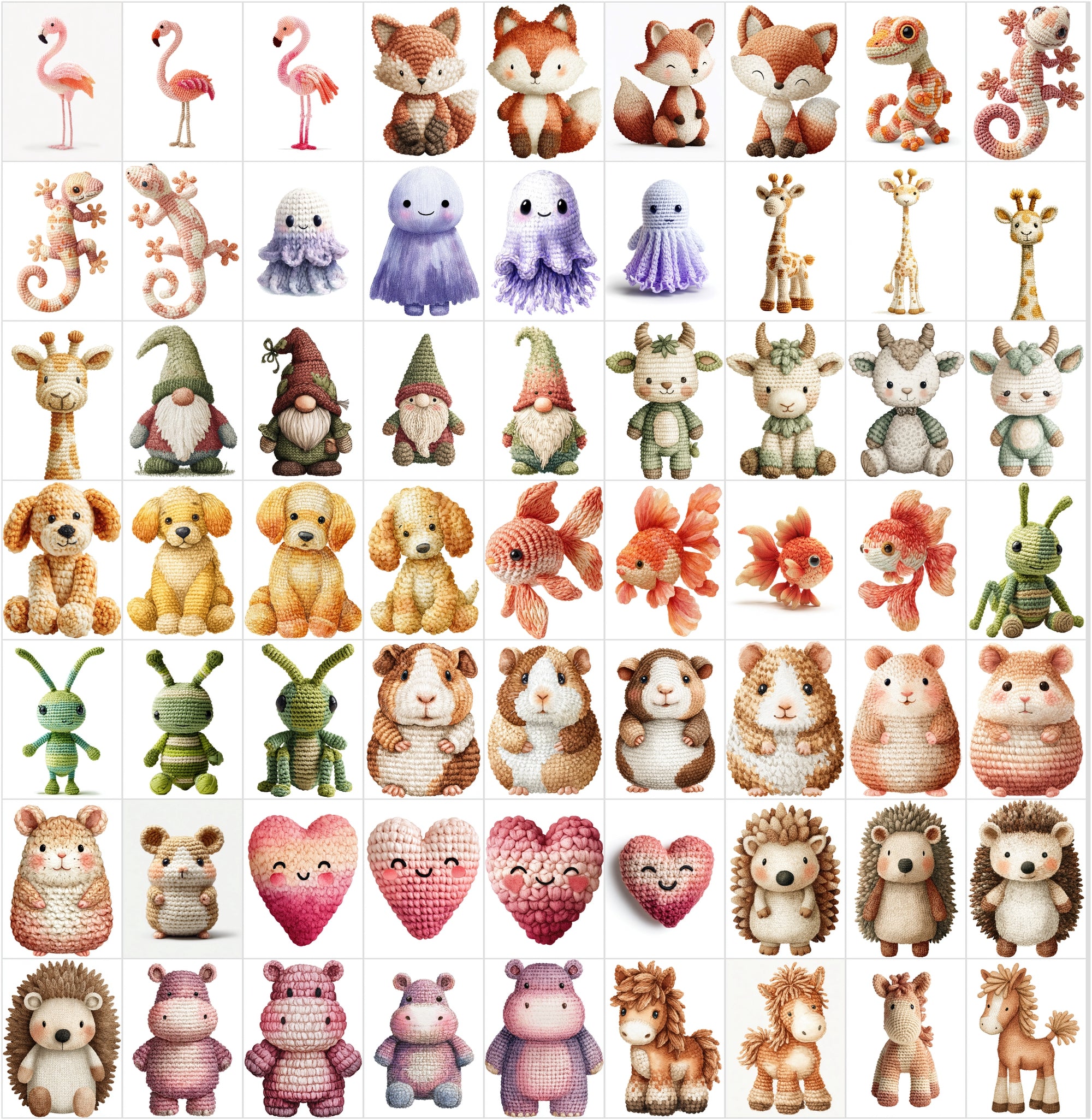 620 Crochet Animal Watercolor Clipart Bundle, Cute Nursery JPG Collection, Woodland Farm Ocean Fantasy Baby Shower Art