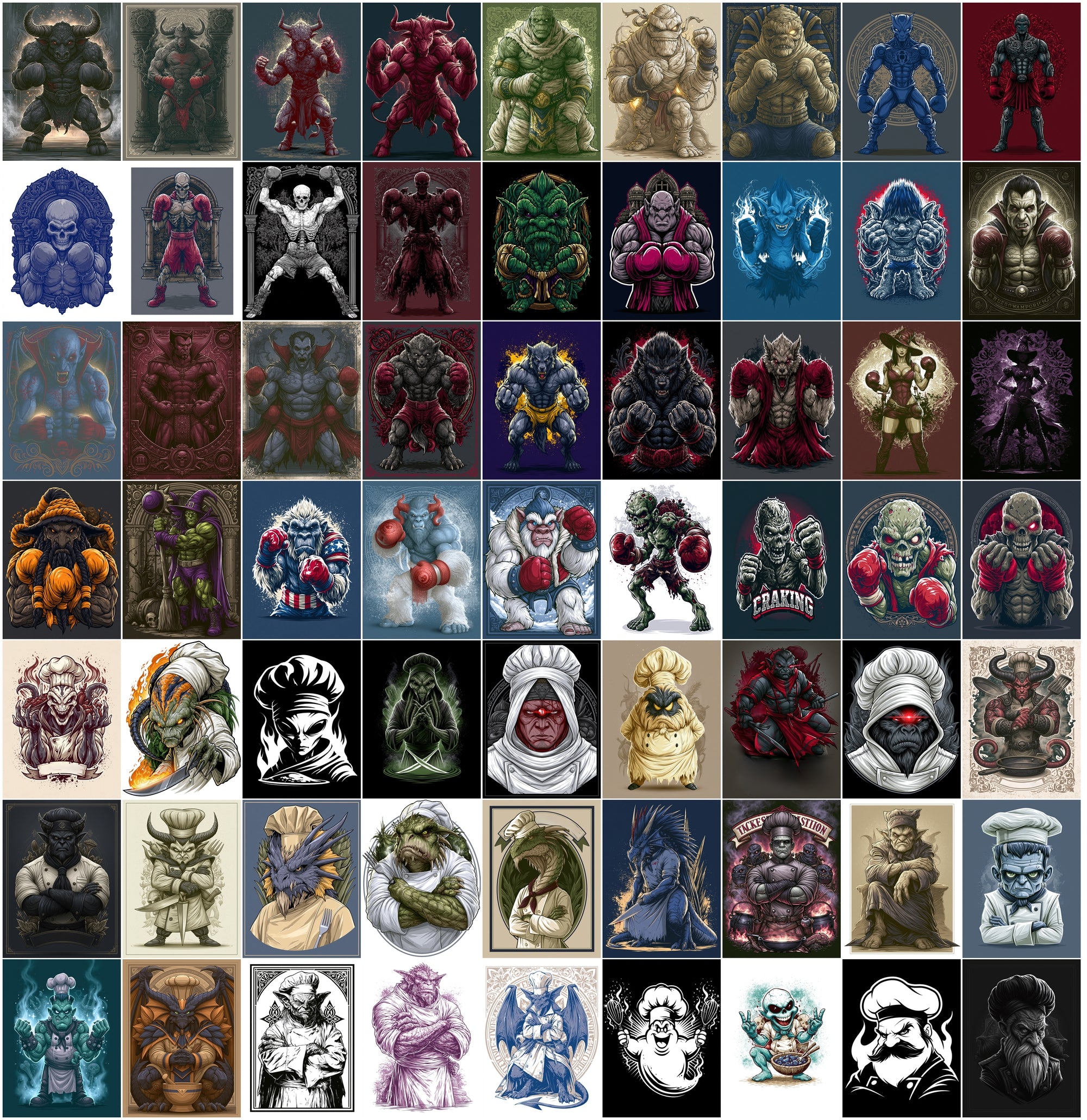 610 Monster Mashup T-Shirt Designs Bundle | Bold Graphic Character Illustrations