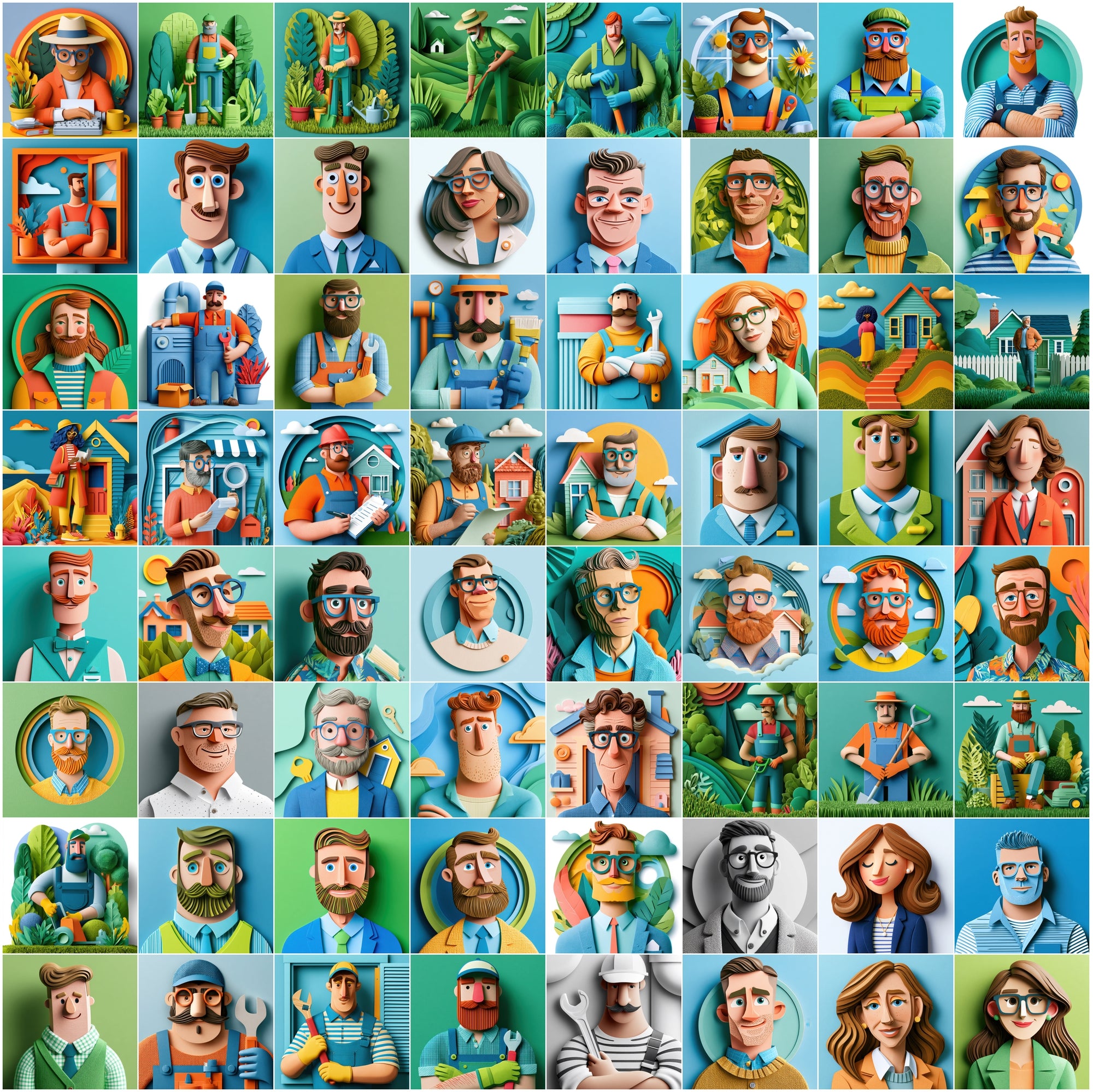 630 Layered Paper Cut Professional Character Illustrations