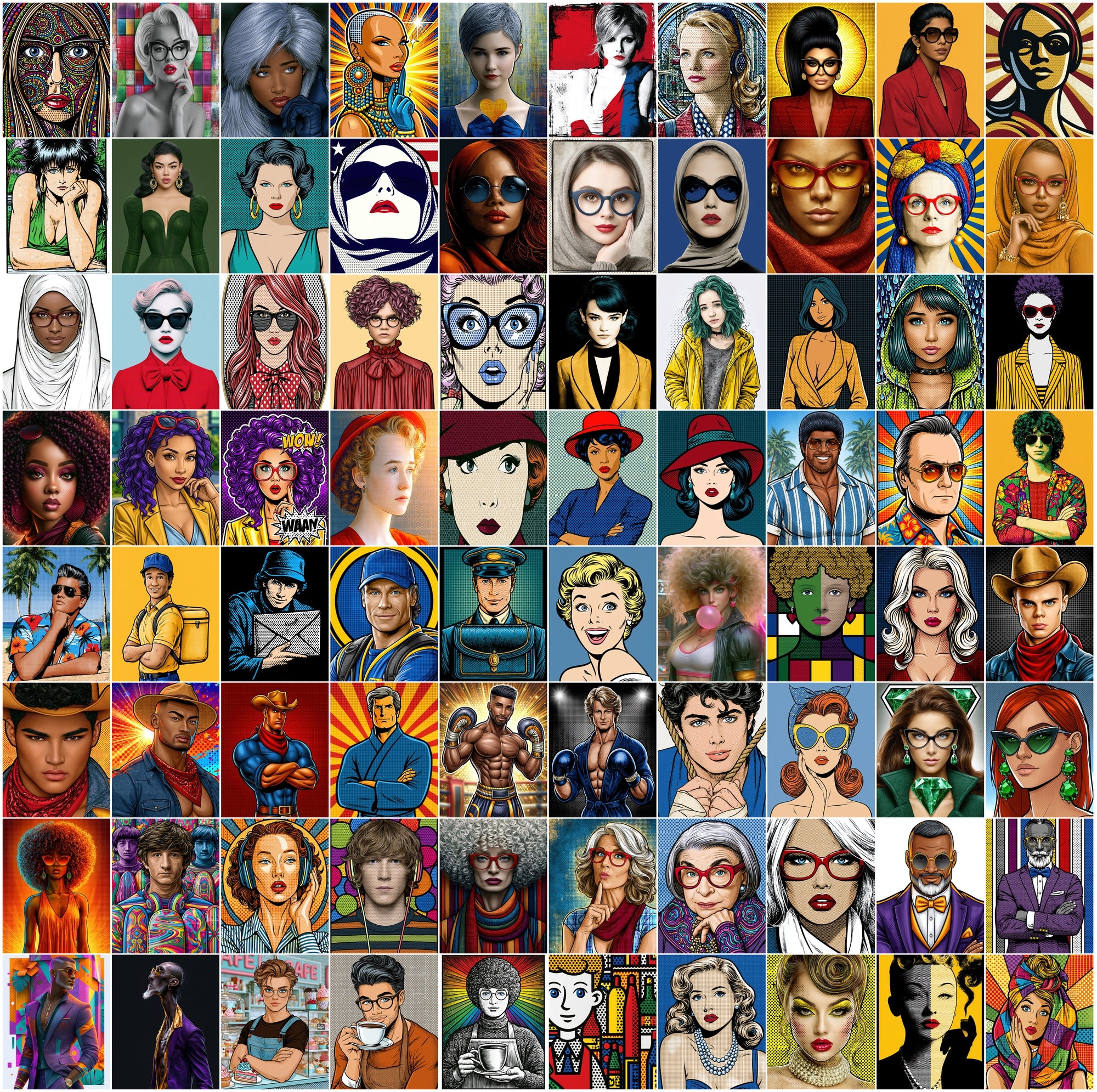 615 Pop Art Portrait Images, Commercial Use JPG Bundle, Retro Synthwave Comic Illustrations for Prints & Digital Design