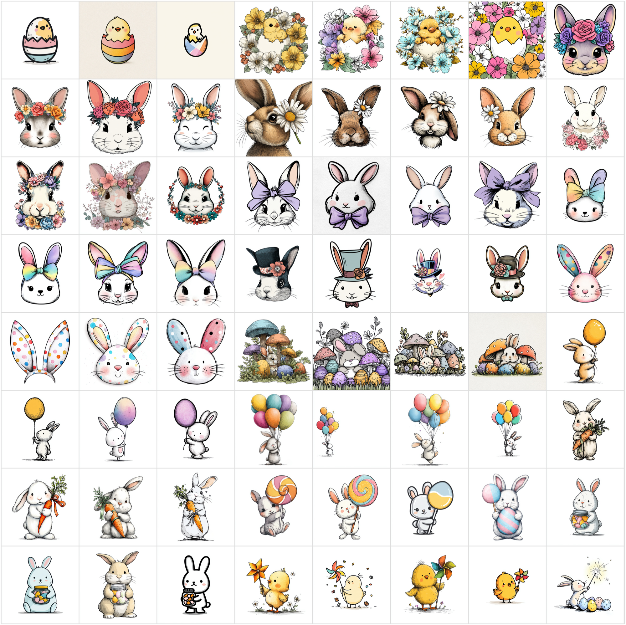 619 Easter Cartoon Illustrations - Cute Bunny, Chick & Spring Animal Clipart Bundle