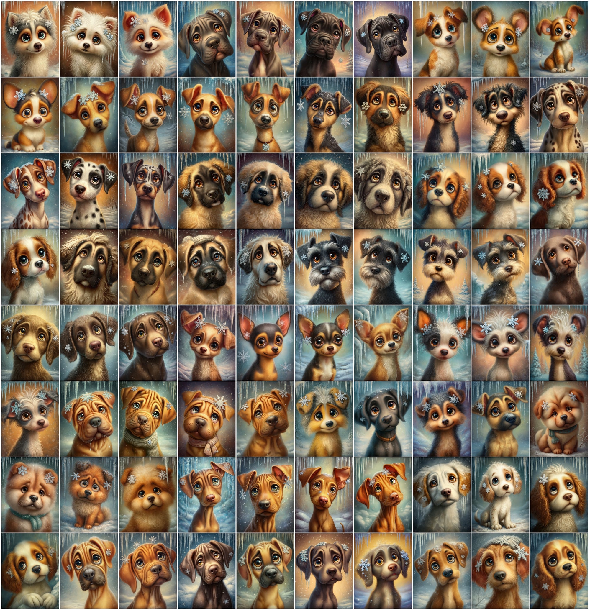1080 Cute Dog Breed Illustrations – High-Resolution Winter Puppy Art with Commercial License