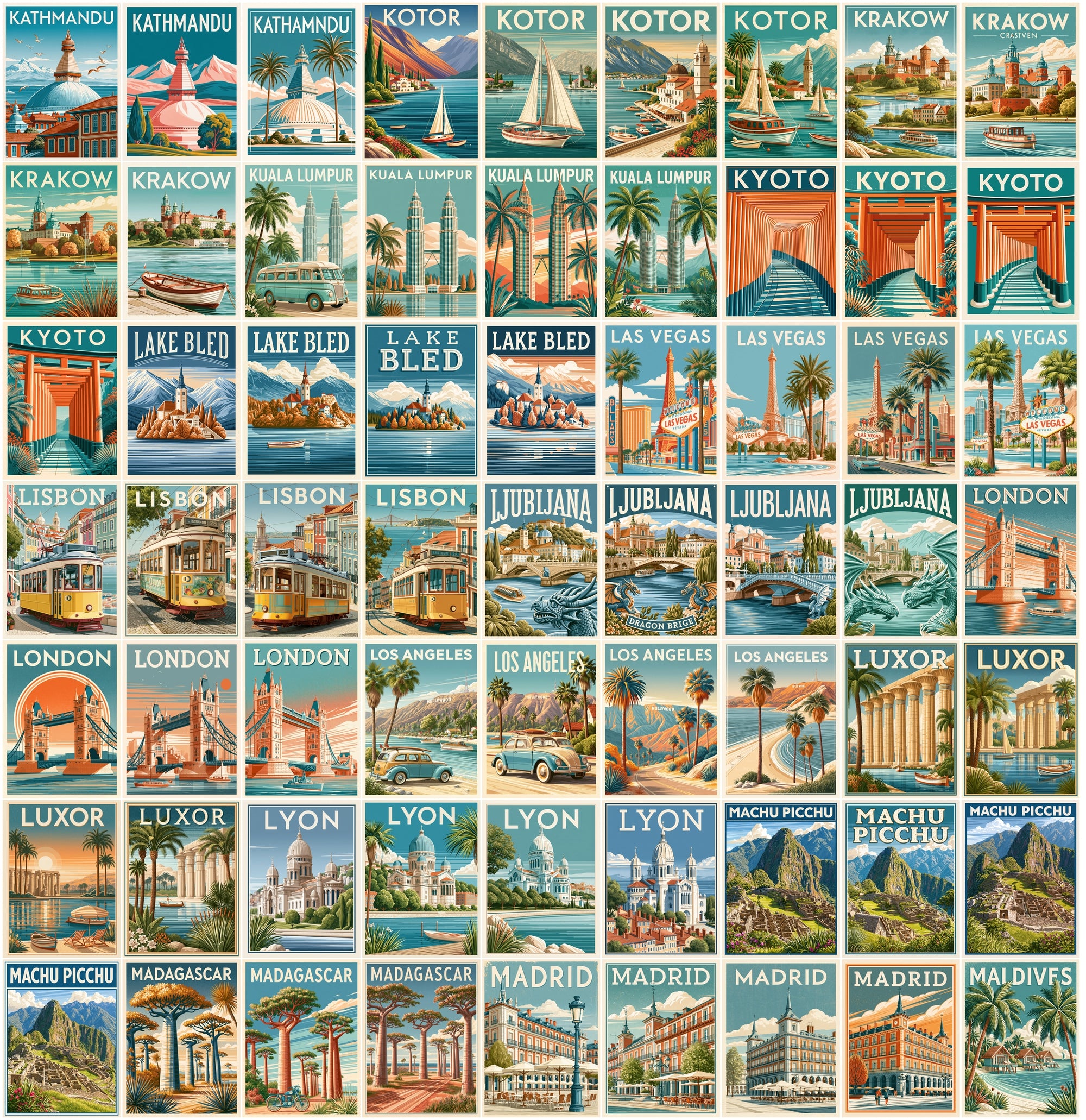 635 Vintage Travel Postcards Bundle, Printable City Posters, Retro Landmark Wall Art