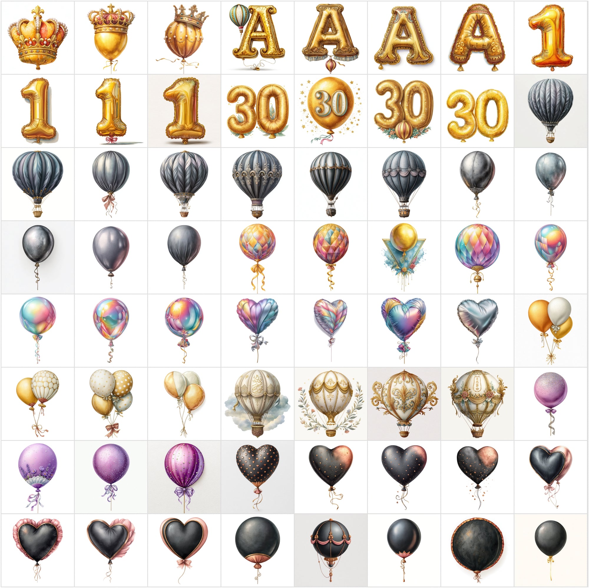 635 Watercolor Balloon Clipart Bundle • Metallic & Luxury Balloon Set