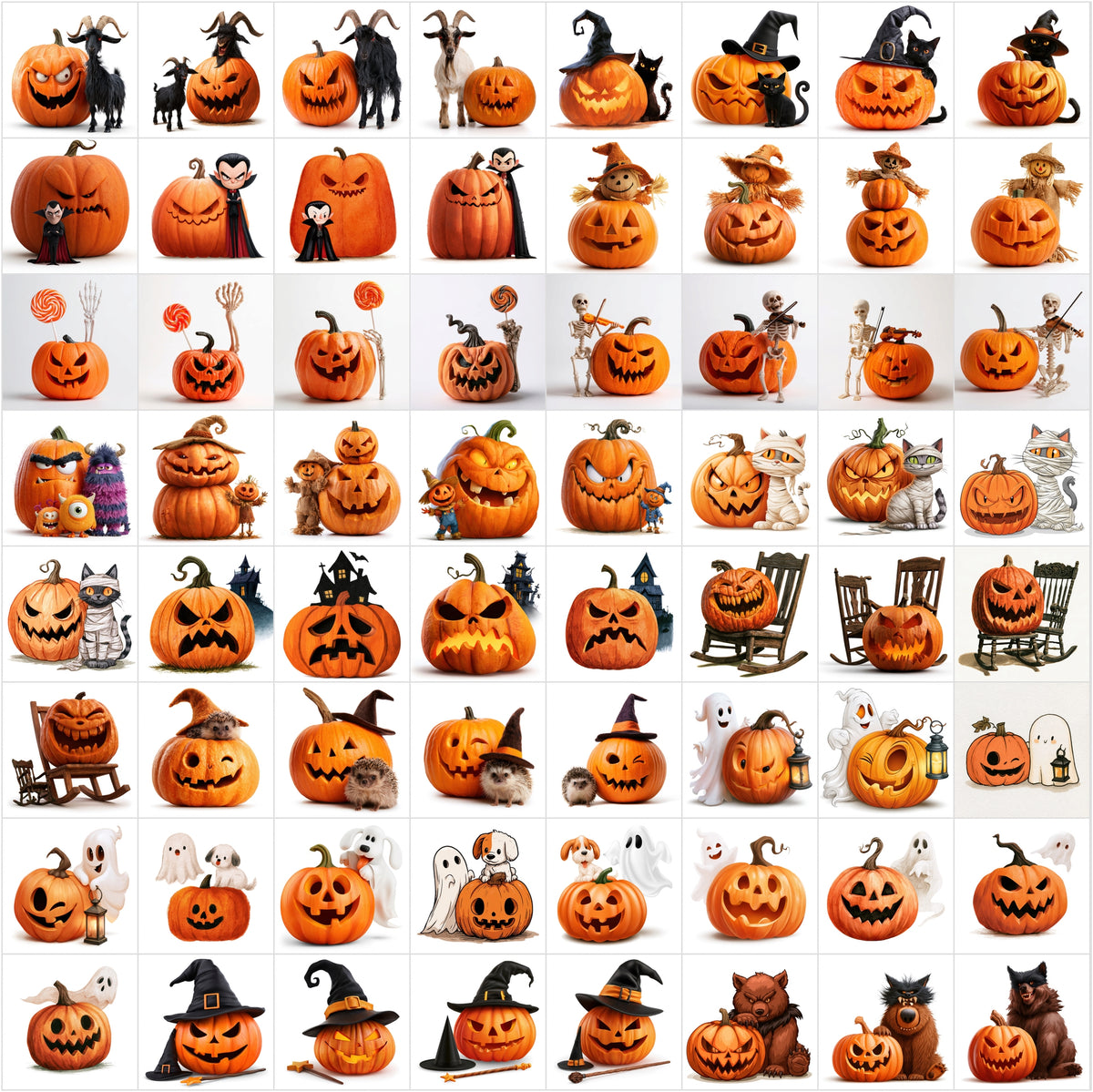632 Halloween Cartoon Pumpkin Clipart Bundle – Spooky Jack-o’-Lantern Characters on White Background,