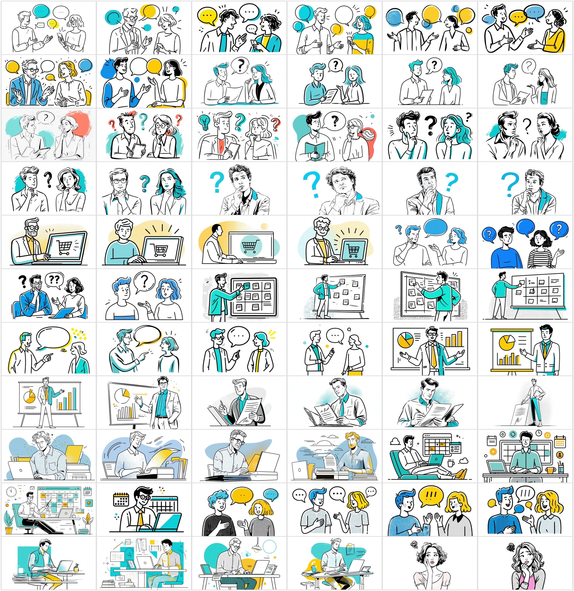 900 Business Line Art Illustrations – Chat, Office & Workflow Graphics Bundle