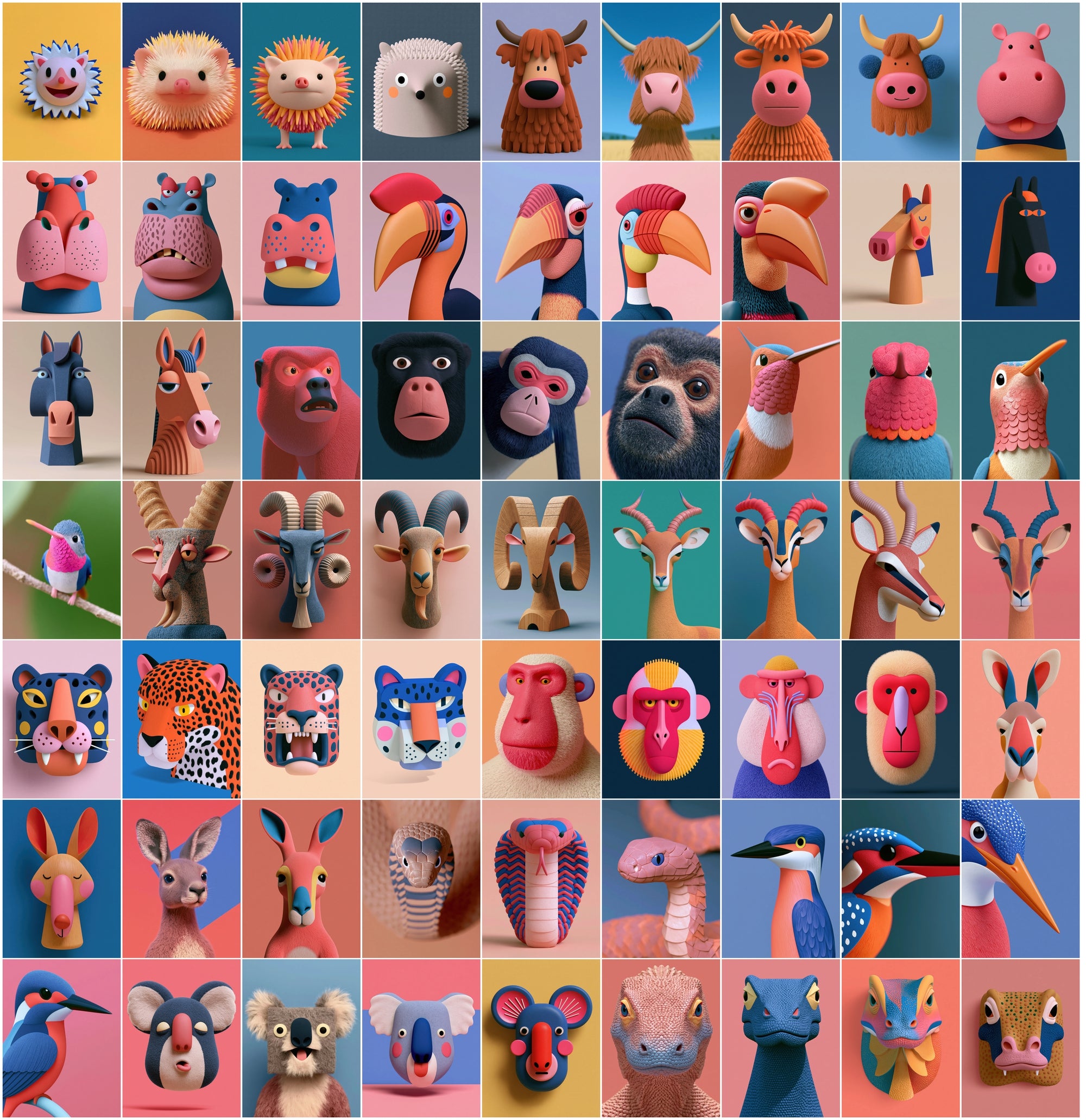630 3D Animal Portrait Bundle | Stylized Clay & Paper-Craft Animal Head Art, Bold Color Backgrounds, Commercial Use