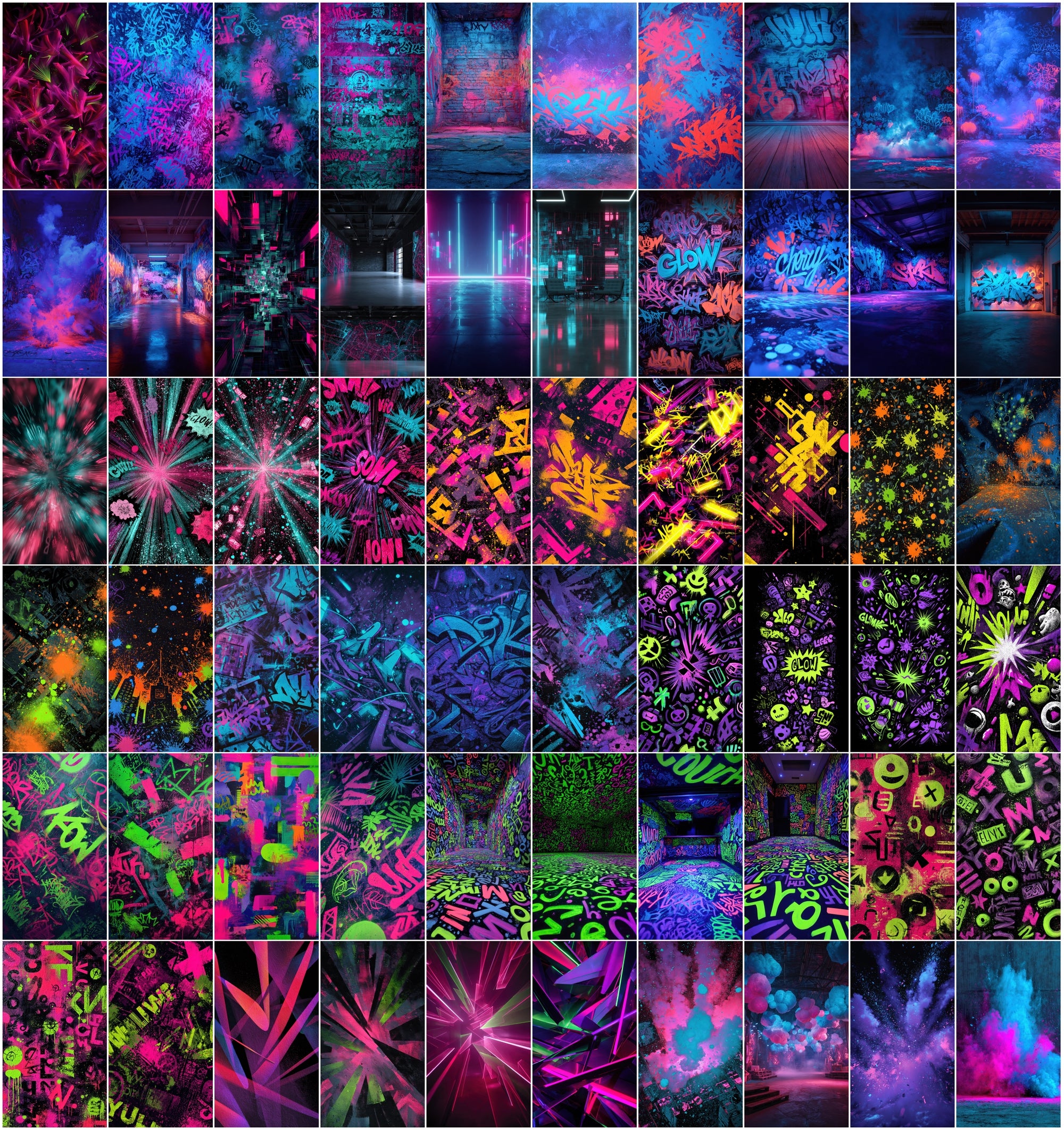 635 Neon Graffiti Wall Backgrounds - Blacklight UV Fluorescent Street Art