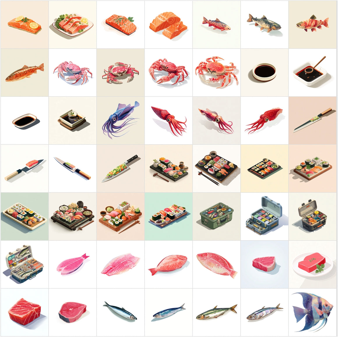 400 Flat Isometric Seafood & Sushi Illustrations