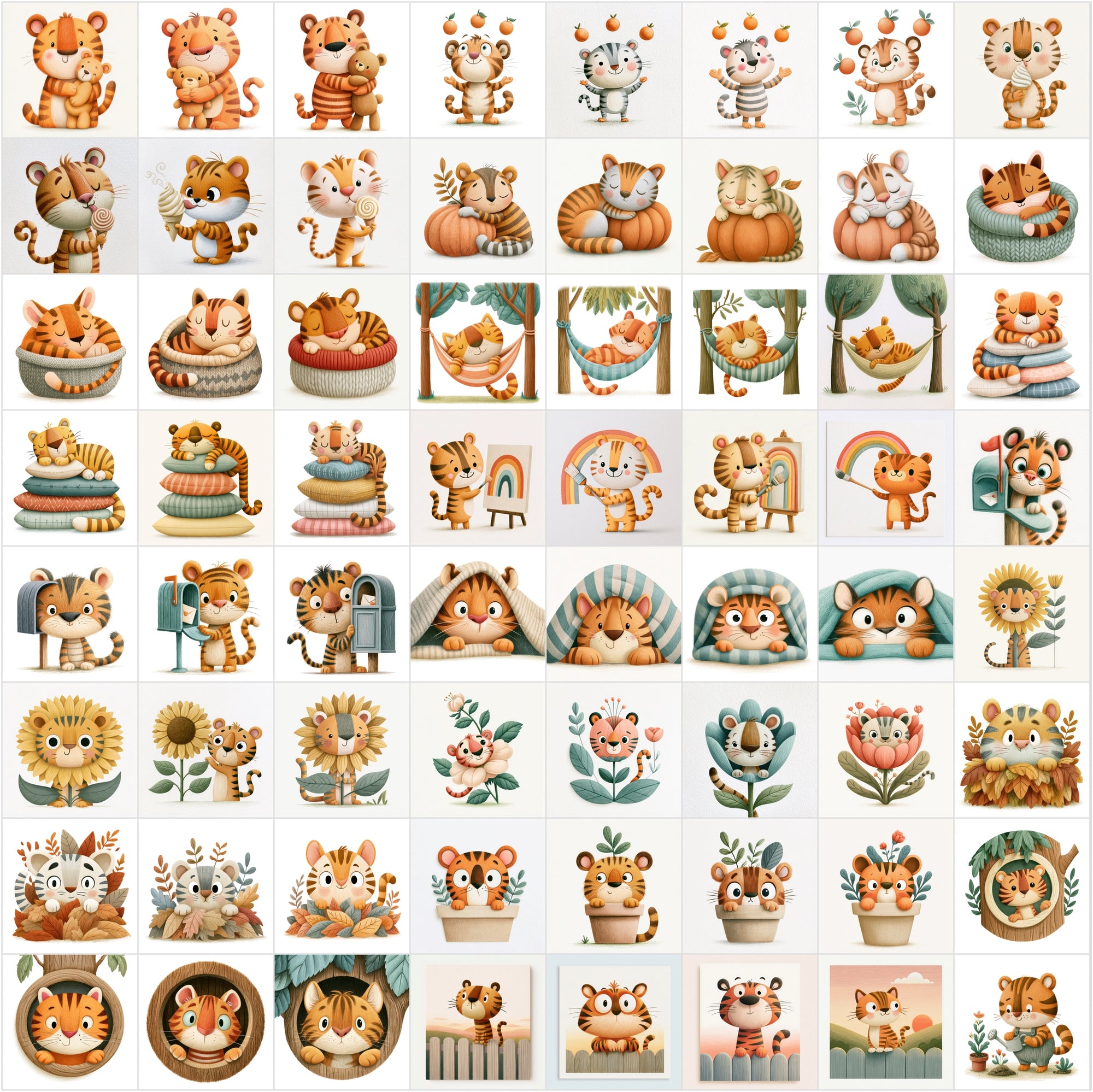 630 Cute Tiger Clipart Bundle | Whimsical Children's Book Illustrations