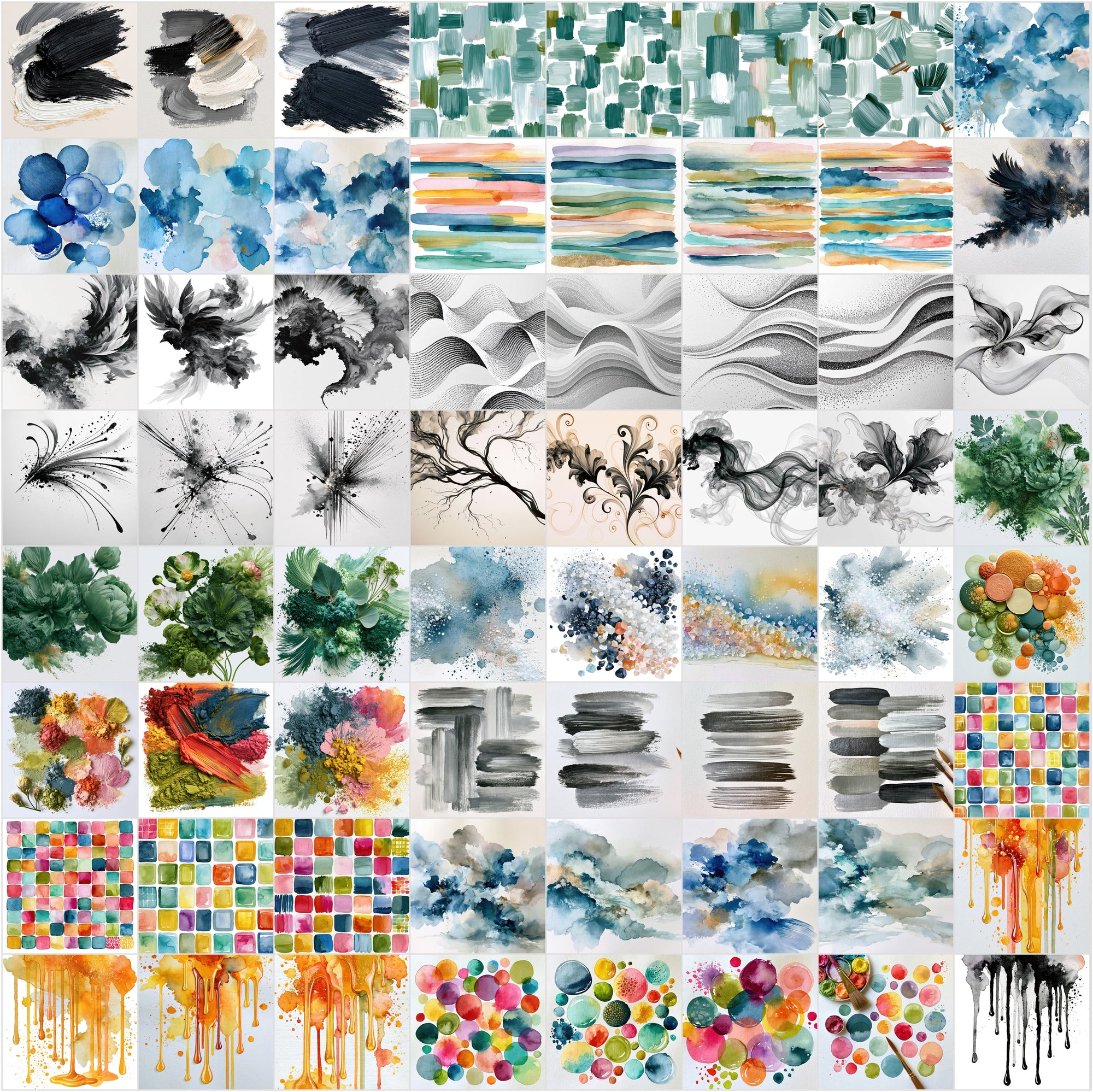 620 Watercolor Graphic Elements Clipart Bundle | Abstract Ink Brushstrokes, Splatters & Washes
