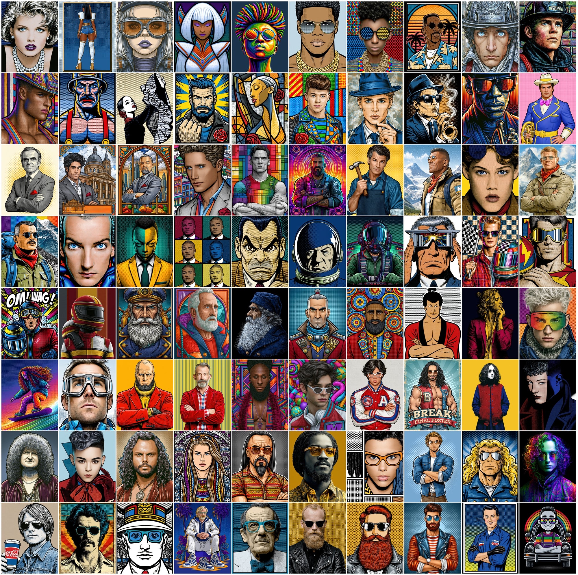 615 Pop Art Portrait Images, Commercial Use JPG Bundle, Retro Synthwave Comic Illustrations for Prints & Digital Design