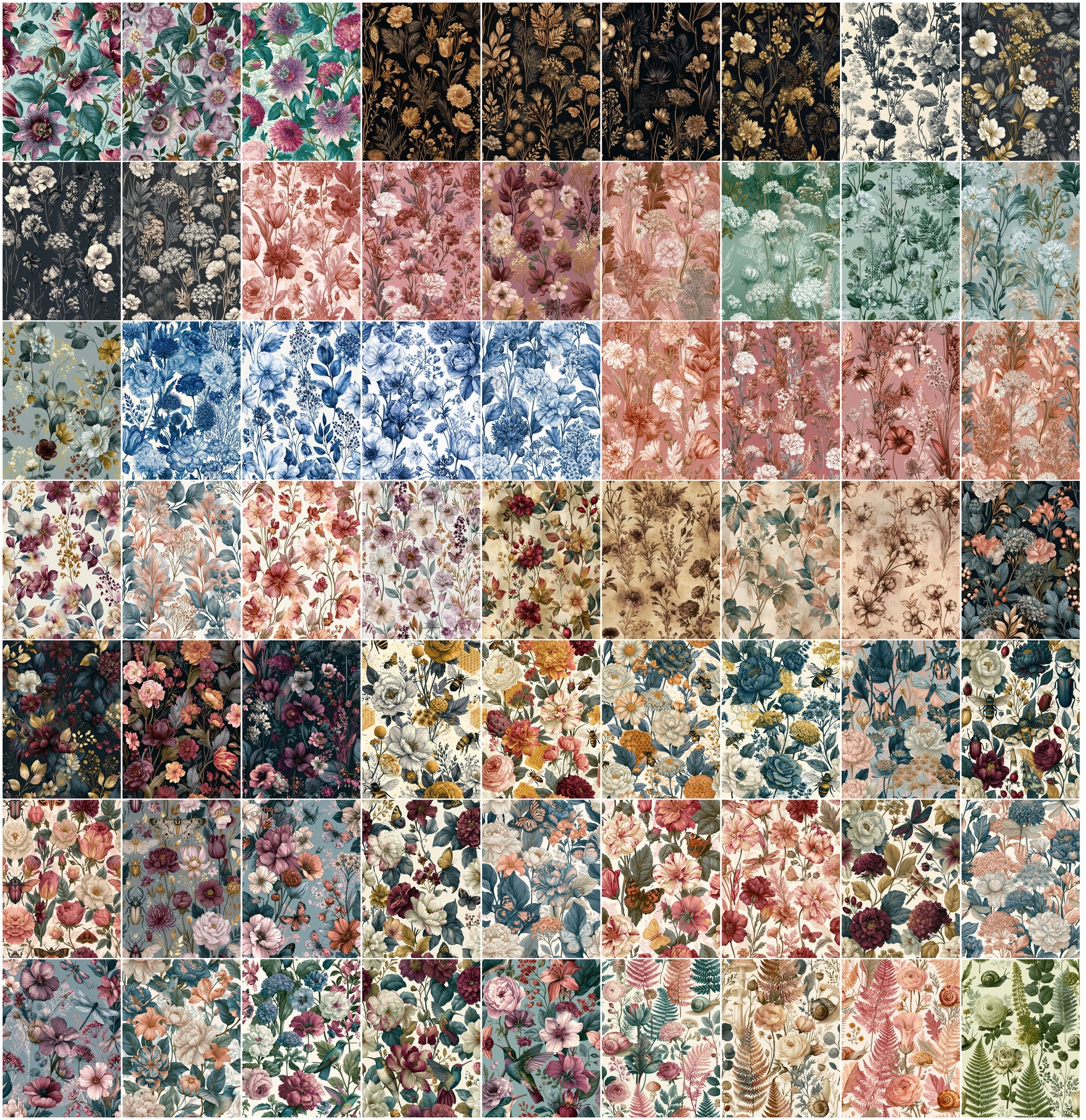 630 Vintage Floral Patterns Bundle | High-Res Botanical Digital Paper Pack