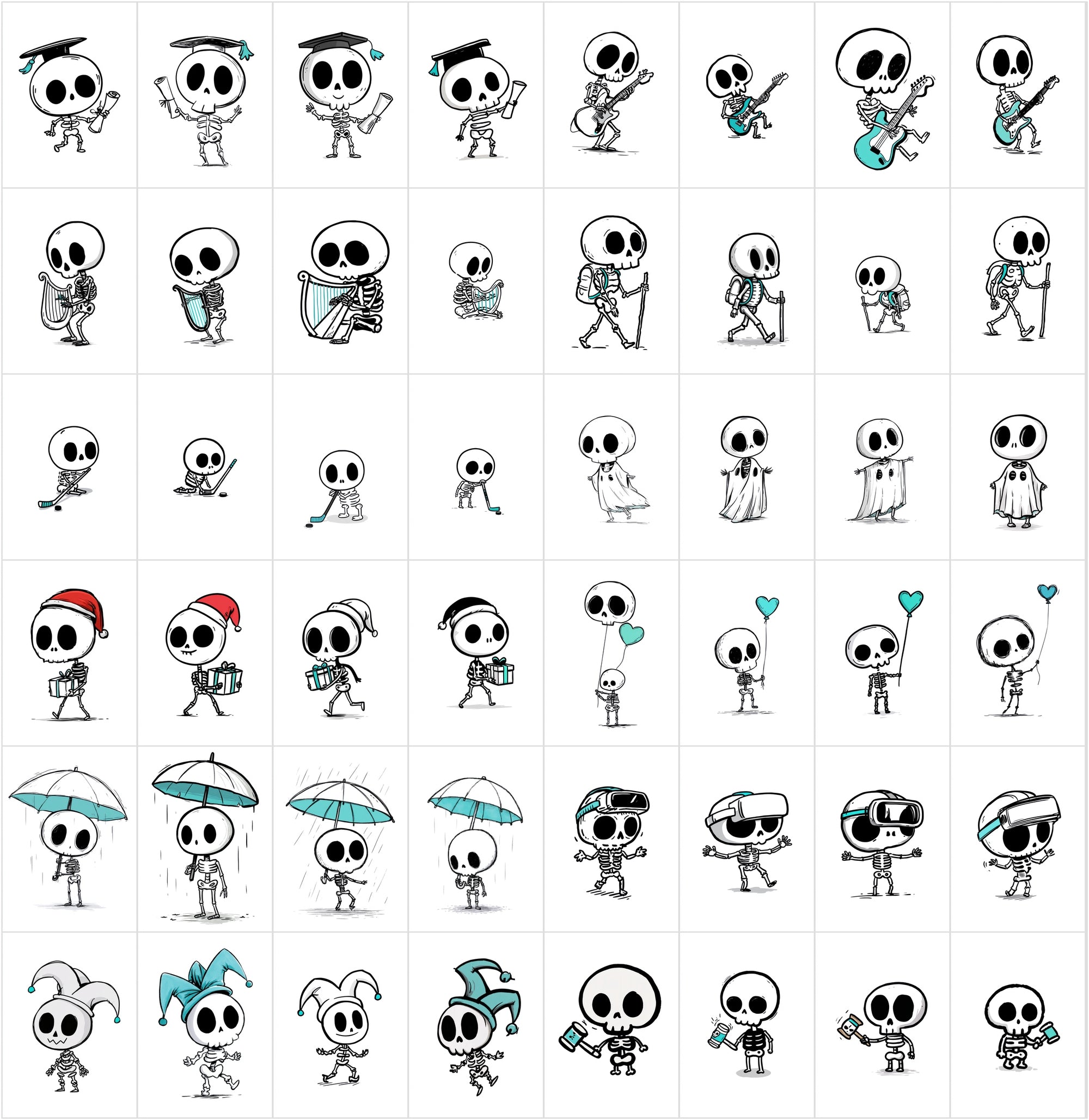 600 Cute Skeleton Doodle Clipart Bundle | Hand Drawn Stickman Skull Illustrations