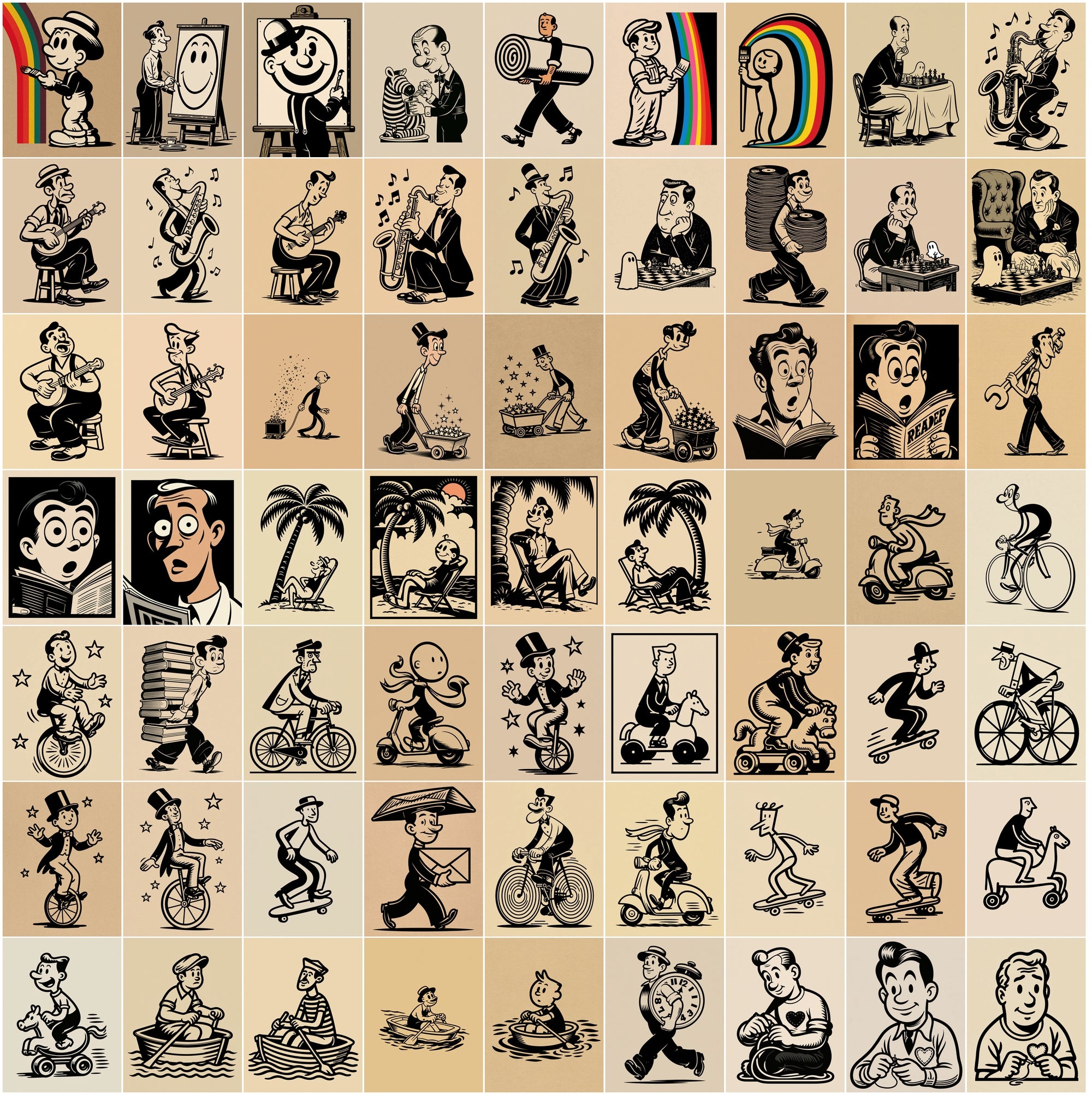 600 Retro Cartoon Illustrations Bundle, Vintage T-Shirt Graphics, JPG Clipart with Commercial License