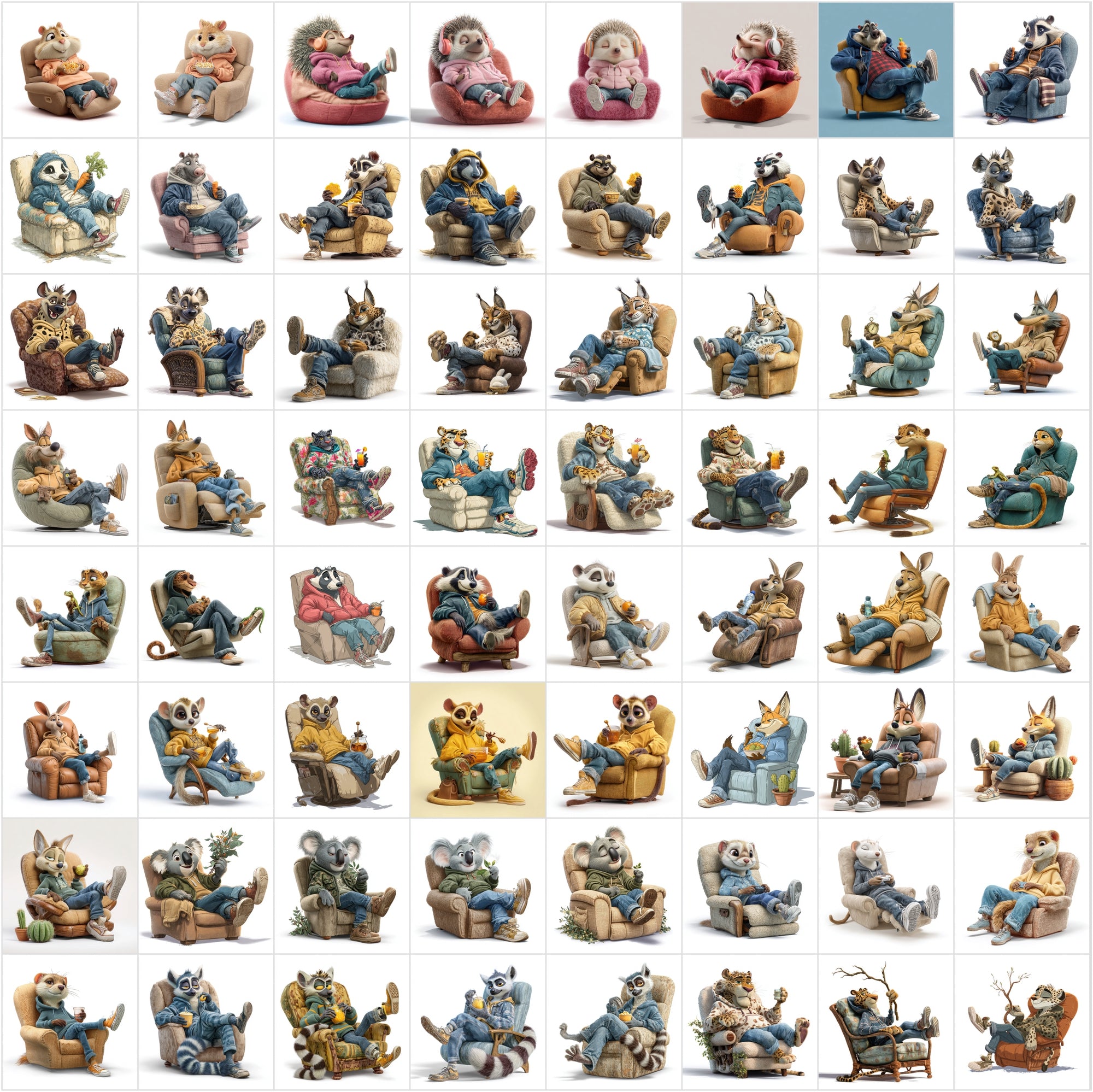 610 Cute Animals Relaxing on Recliners Clipart Bundle
