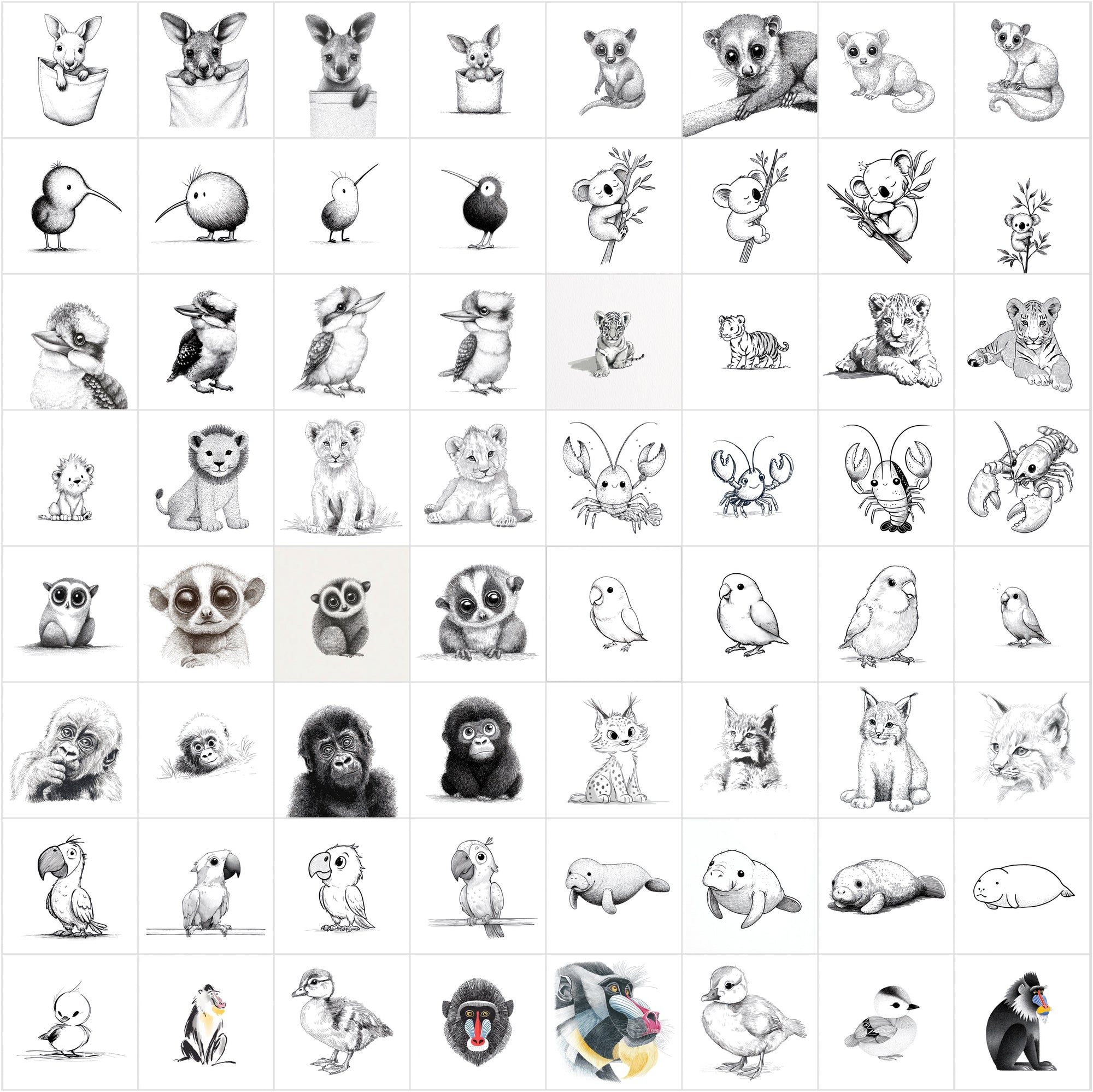 625 Children's Book Animal Illustrations — Black & White Line Art Bundle