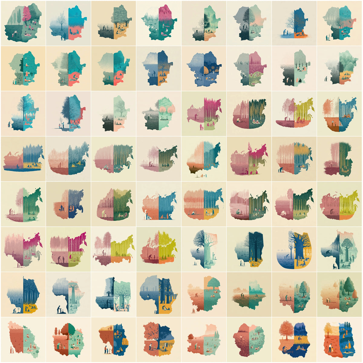 1270 Country Map Silhouette Posters - World Map Wall Art Bundle, Heritage & Harvest Split Designs