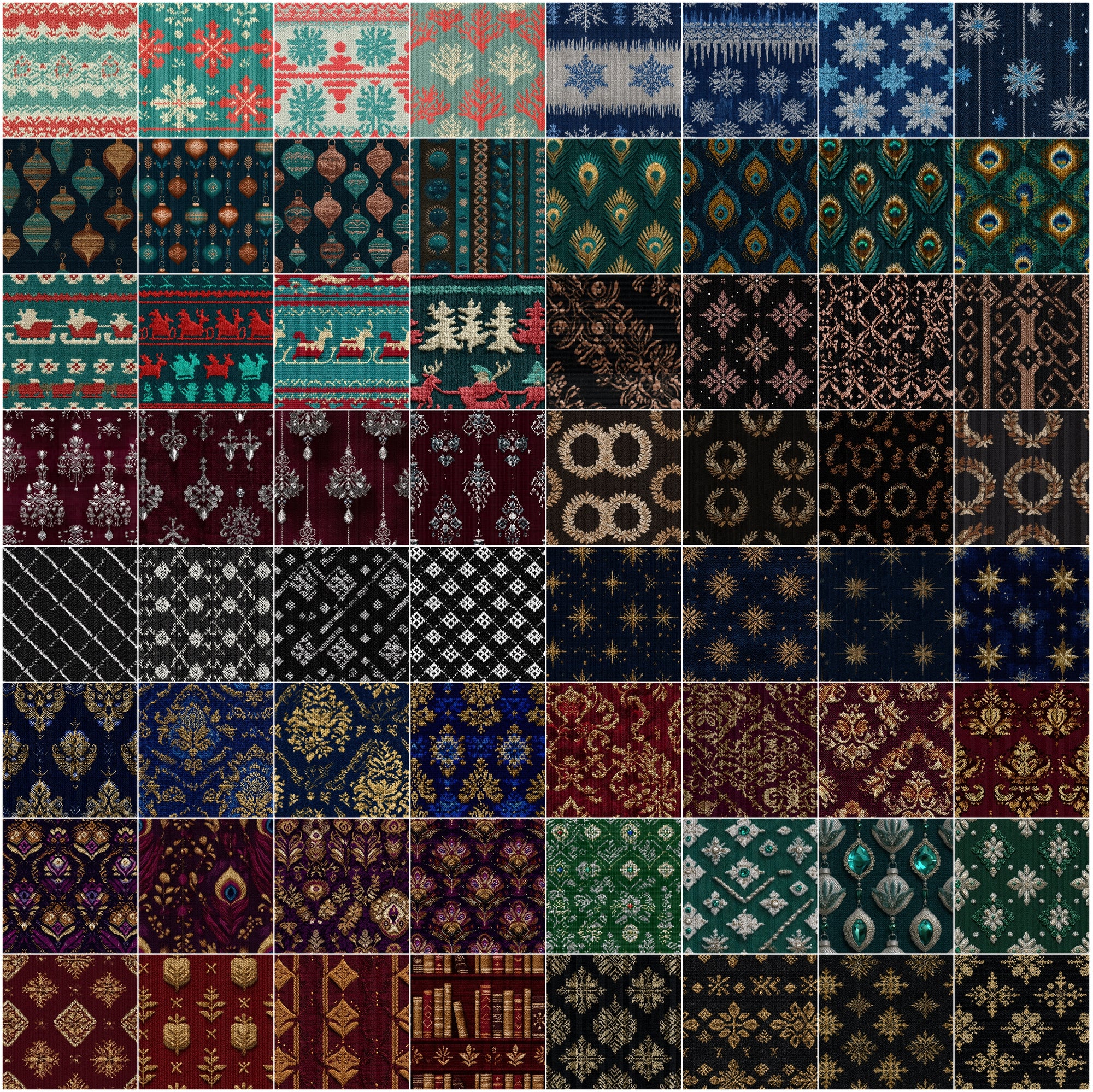 640 Seamless Christmas Knit Patterns, JPG + PAT, Holiday Sweater Textures with Commercial License